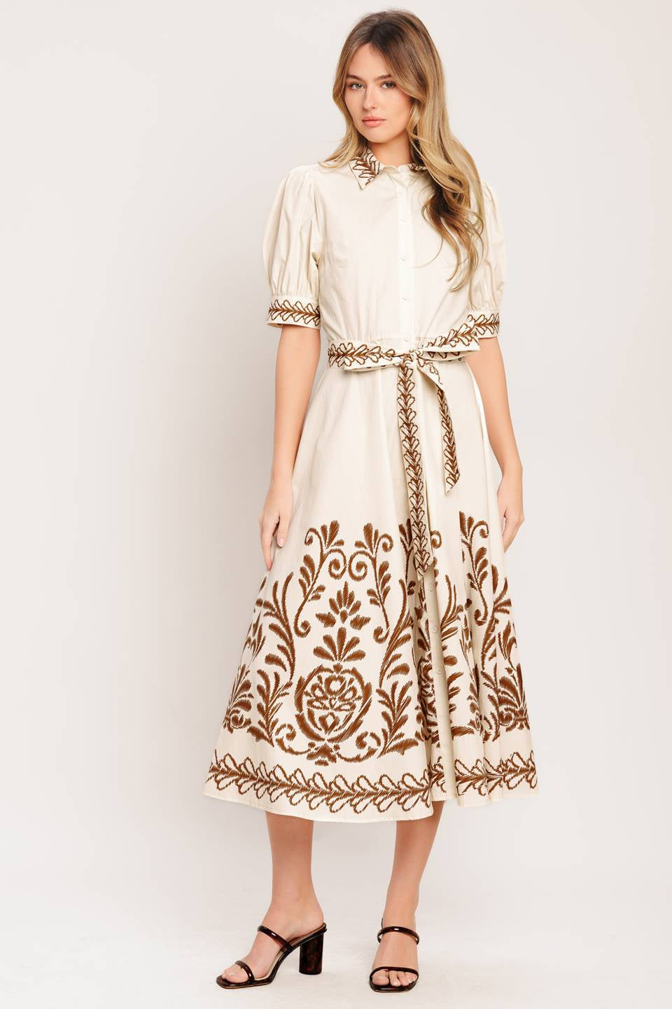 PRINTED WOVEN BUTTON DOWN MIDI DRESS