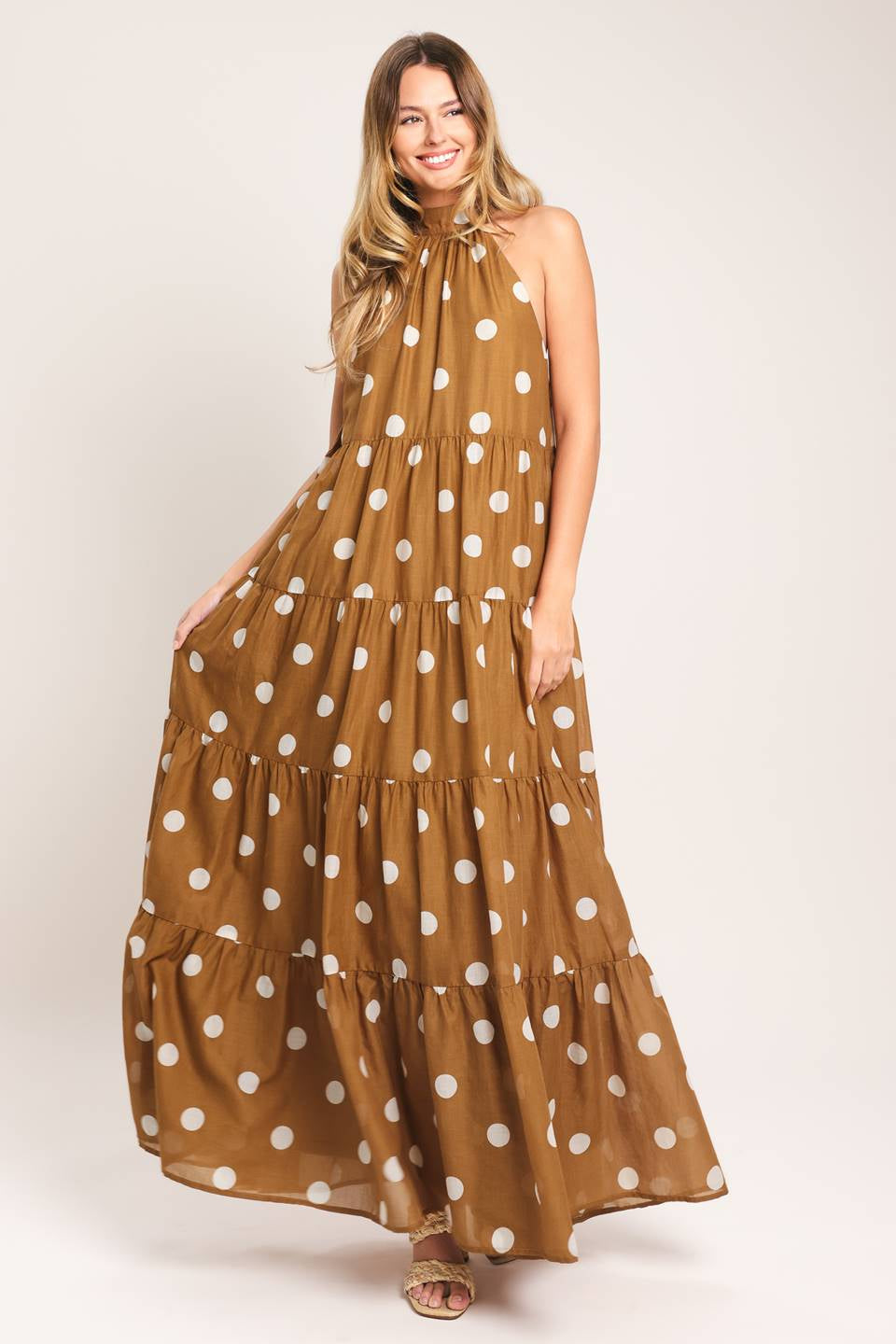 POLKA DOT PRINTED TIERED MAXI DRESS