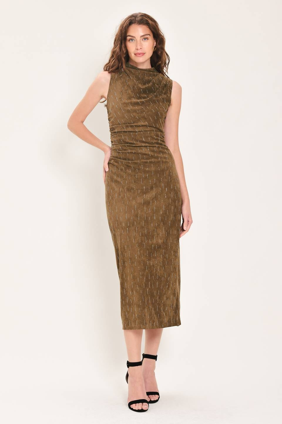 EMBELLISHED FAUX SUEDE MIDI DRESS