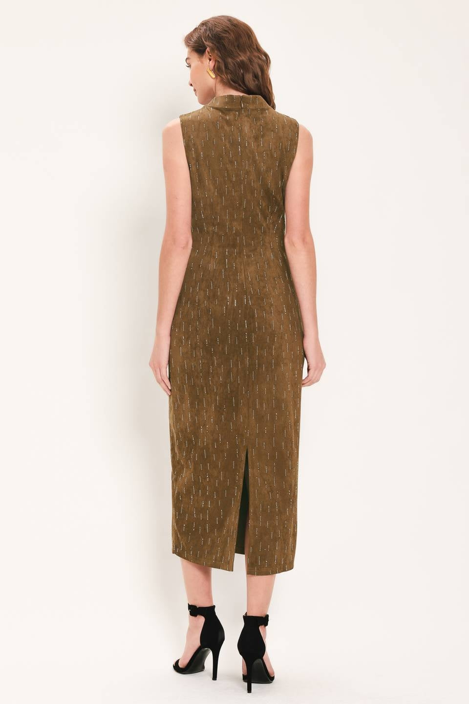 EMBELLISHED FAUX SUEDE MIDI DRESS