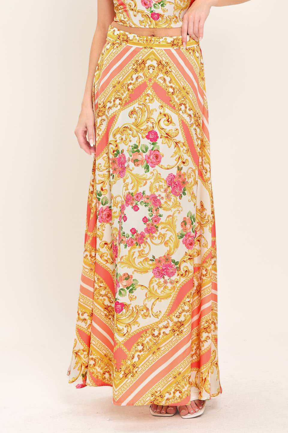 PRINTED WOVEN MIDI CIRCLE SKIRT