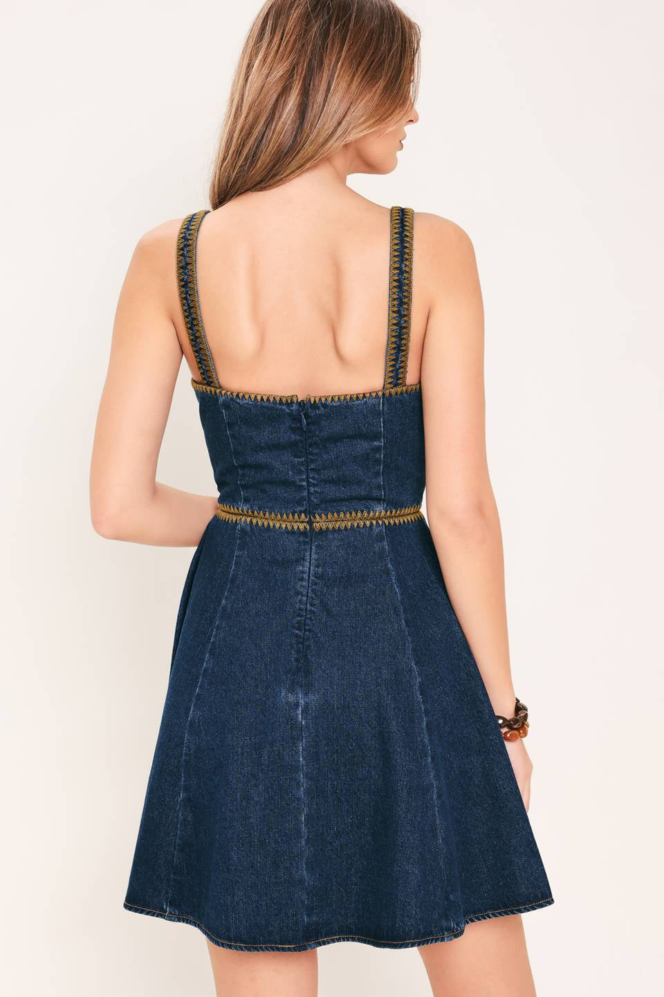 SOLID DENIM EMBROIDERED DETAIL MINI DRESS