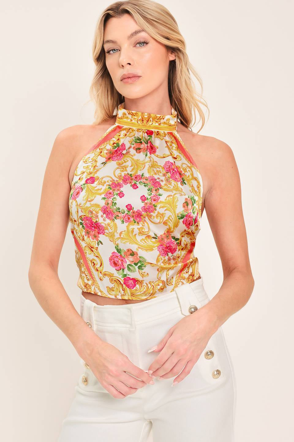 PRINTED WOVEN HALTER CROP TOP