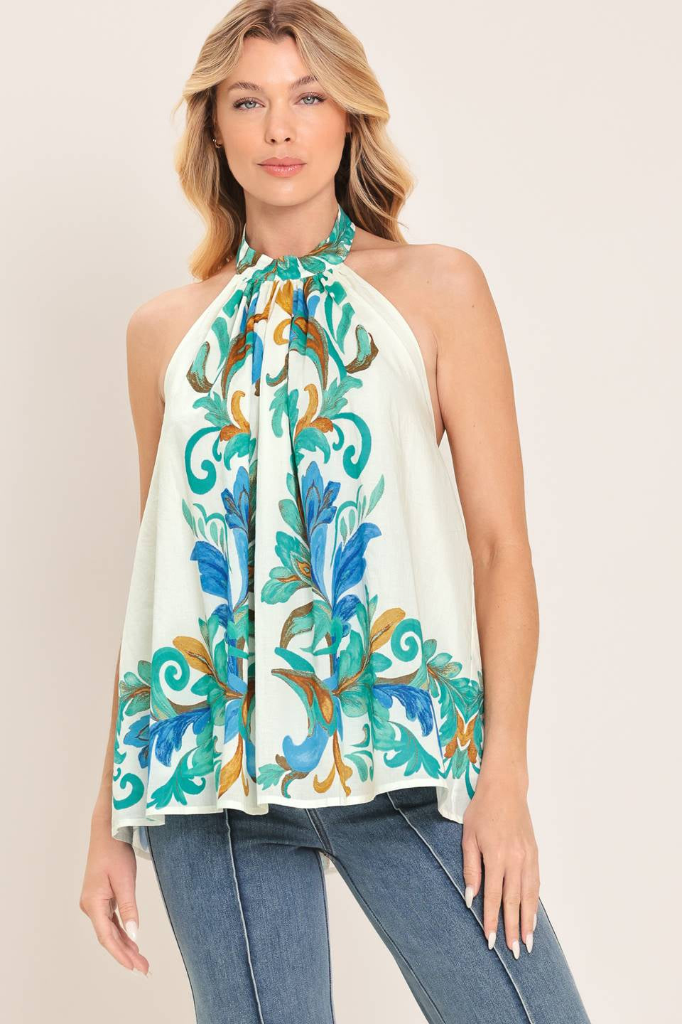 PRINTED WOVEN HALTER TOP