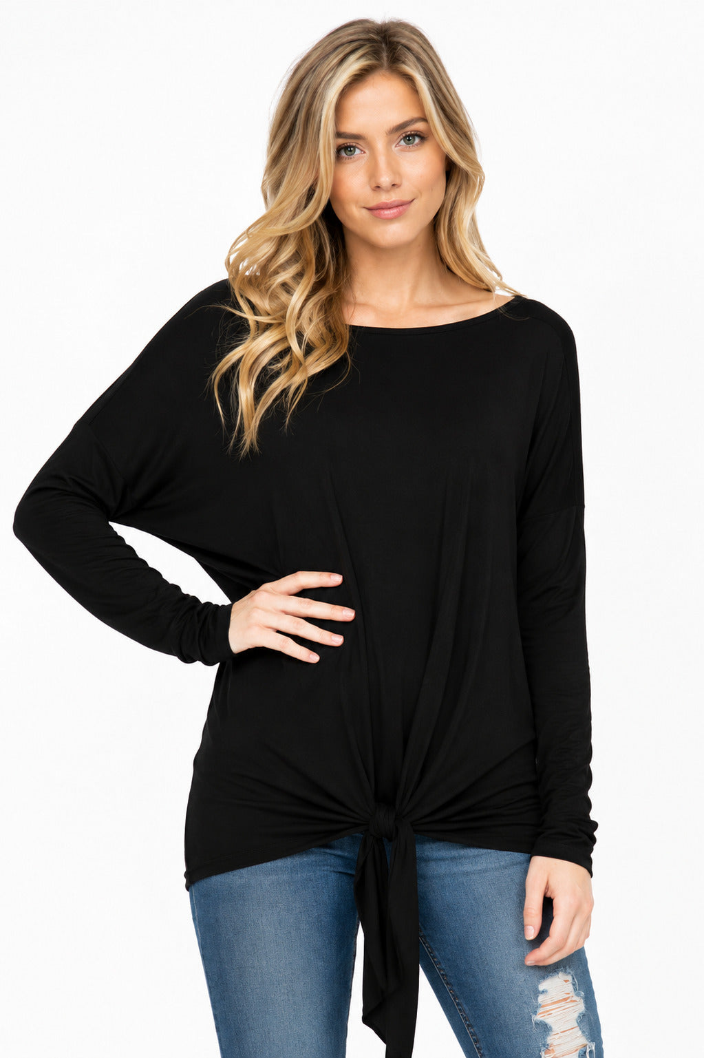 SOLID LONG SLEEVES SELF TIE FRONT TOP 95% POLY 5% SPAN MADE IN USA
