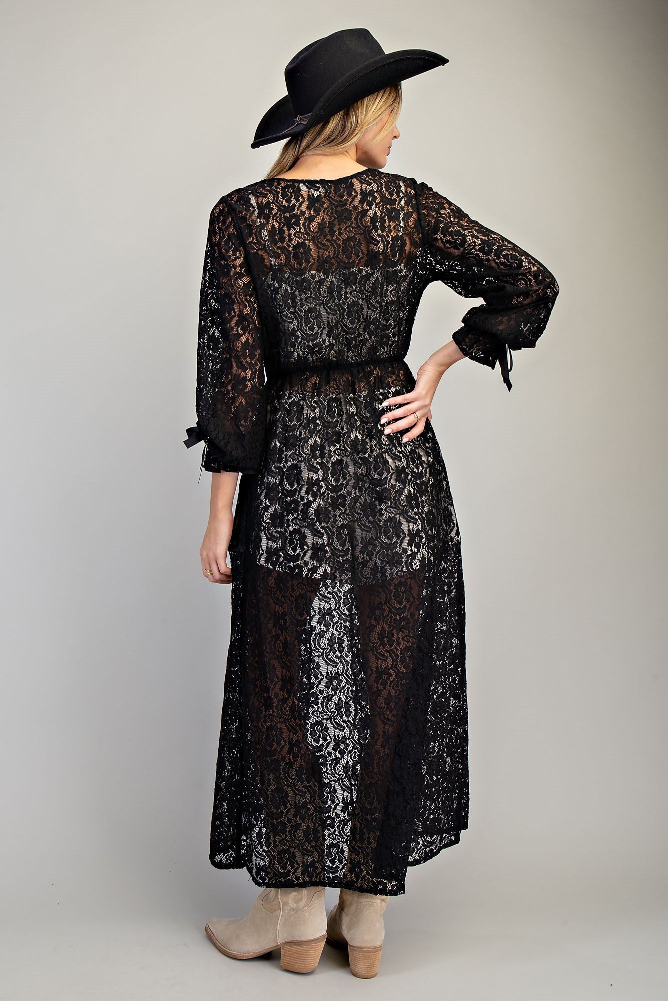 LACE LONG CARDIGAN WITH WAIST TIE
