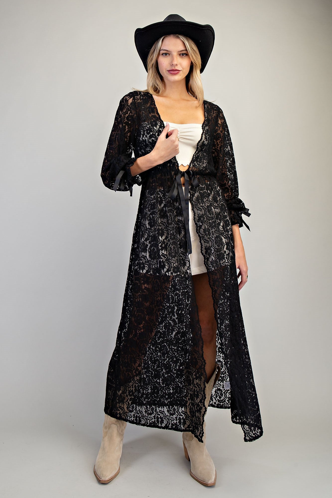 LACE LONG CARDIGAN WITH WAIST TIE
