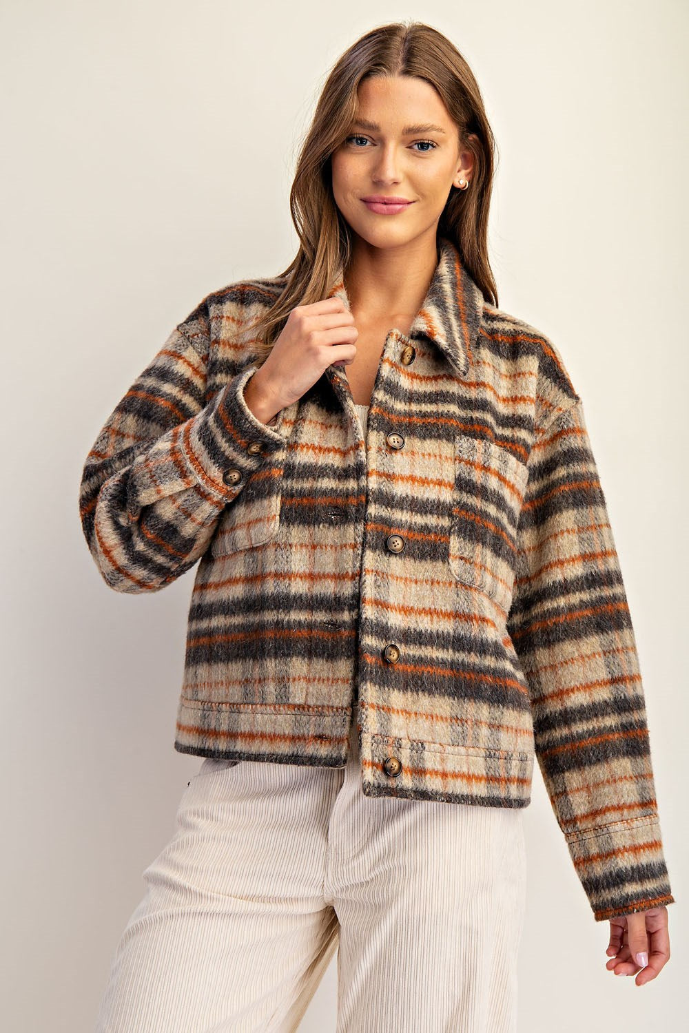 PLAID BUTTON DOWN COLLARD JACKET