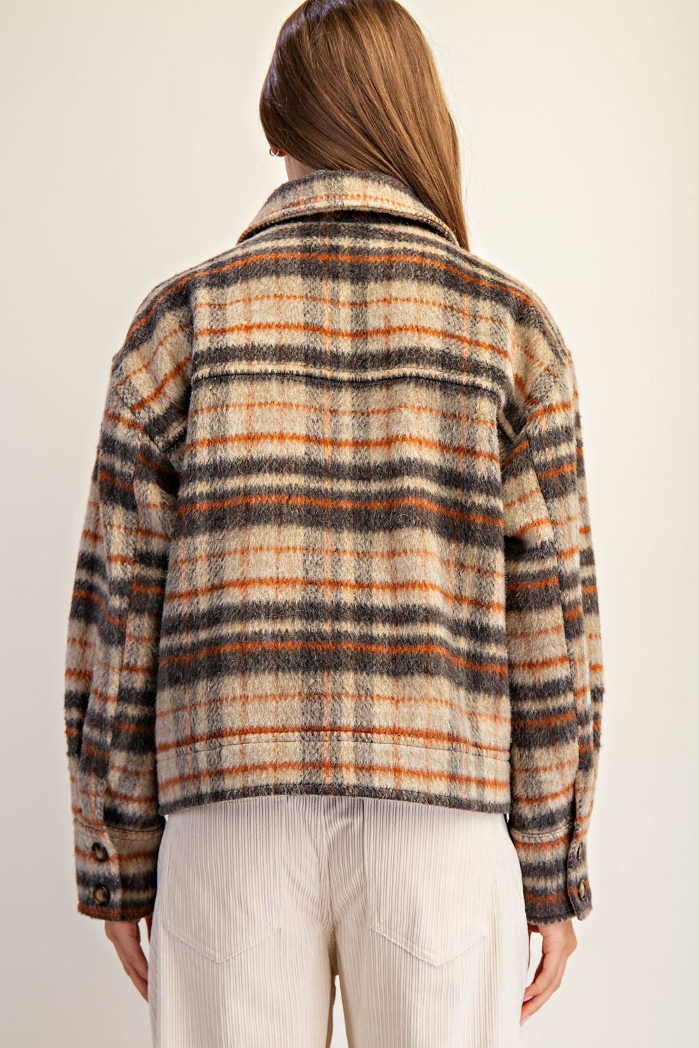 PLAID BUTTON DOWN COLLARD JACKET