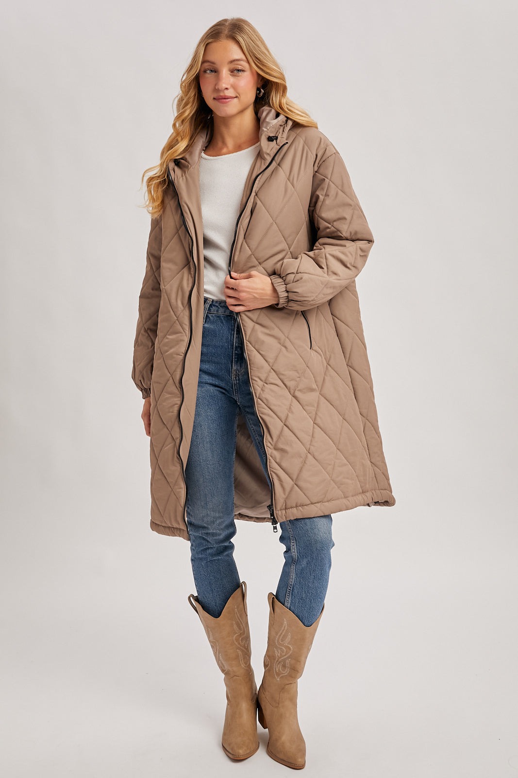 DRAWSTRING HEM QUILTED HOODIE LONG JACKET
