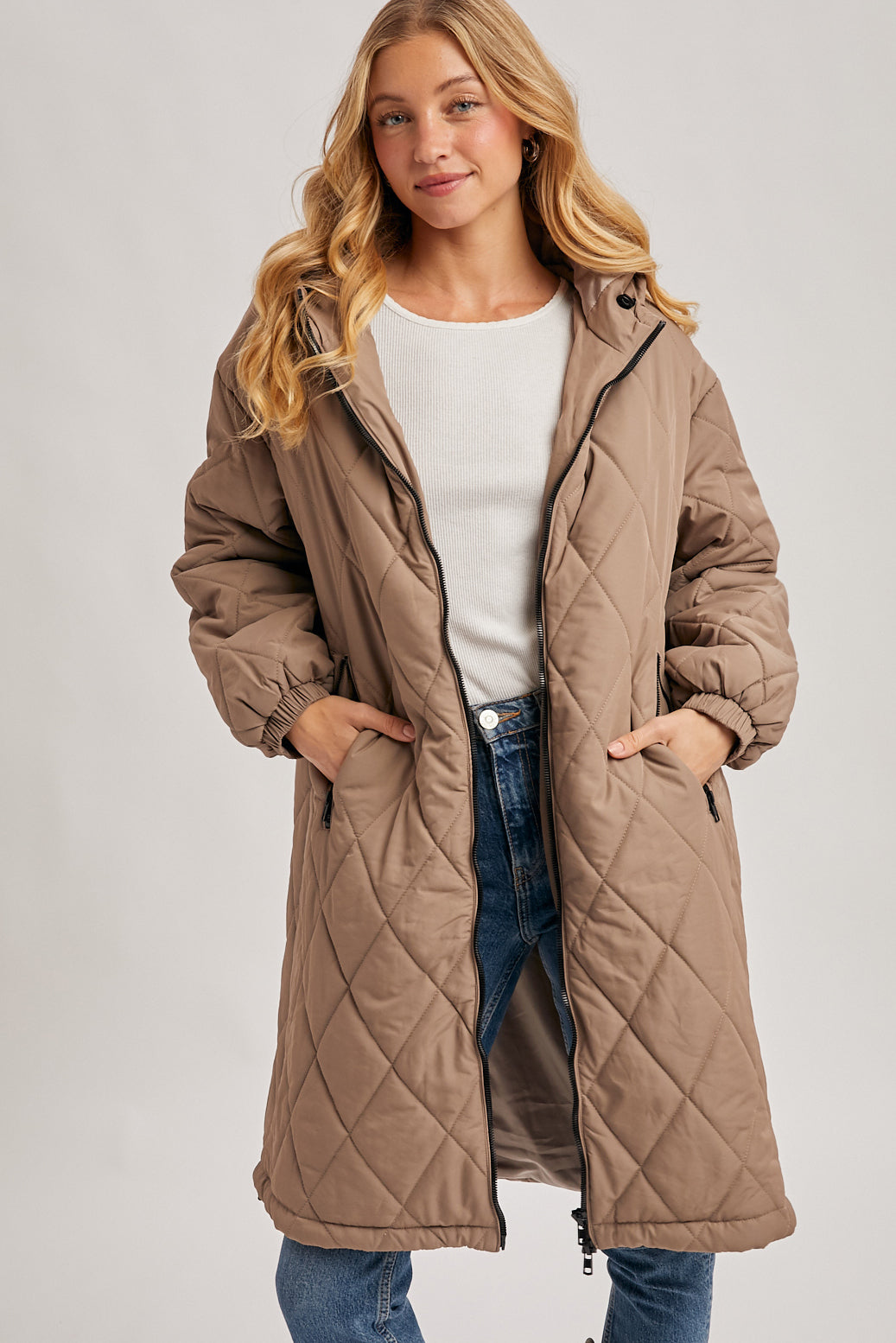DRAWSTRING HEM QUILTED HOODIE LONG JACKET