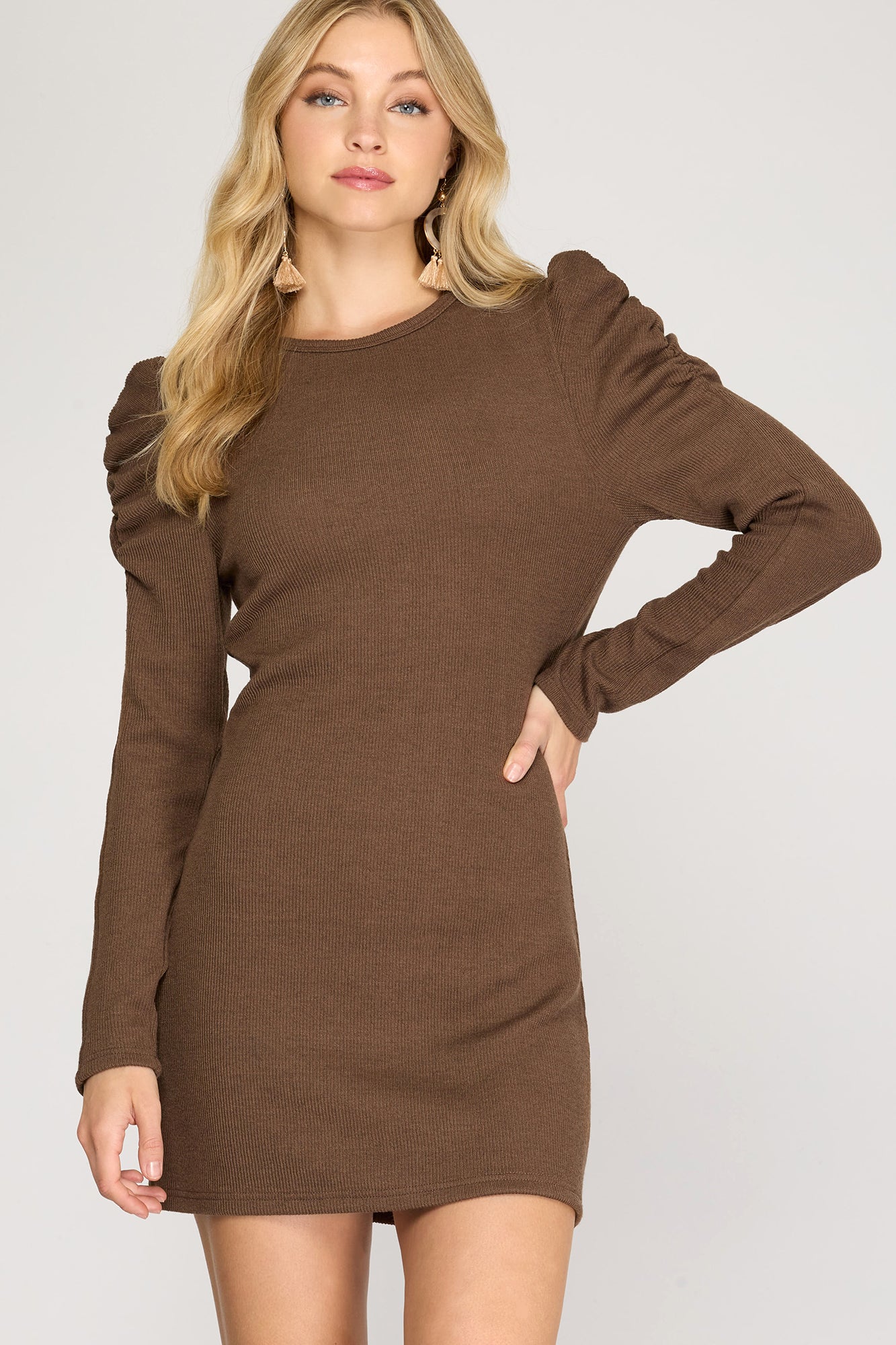 LONG SHIRRED PUFF SLEEVE RIBBED KNIT MINI DRESS