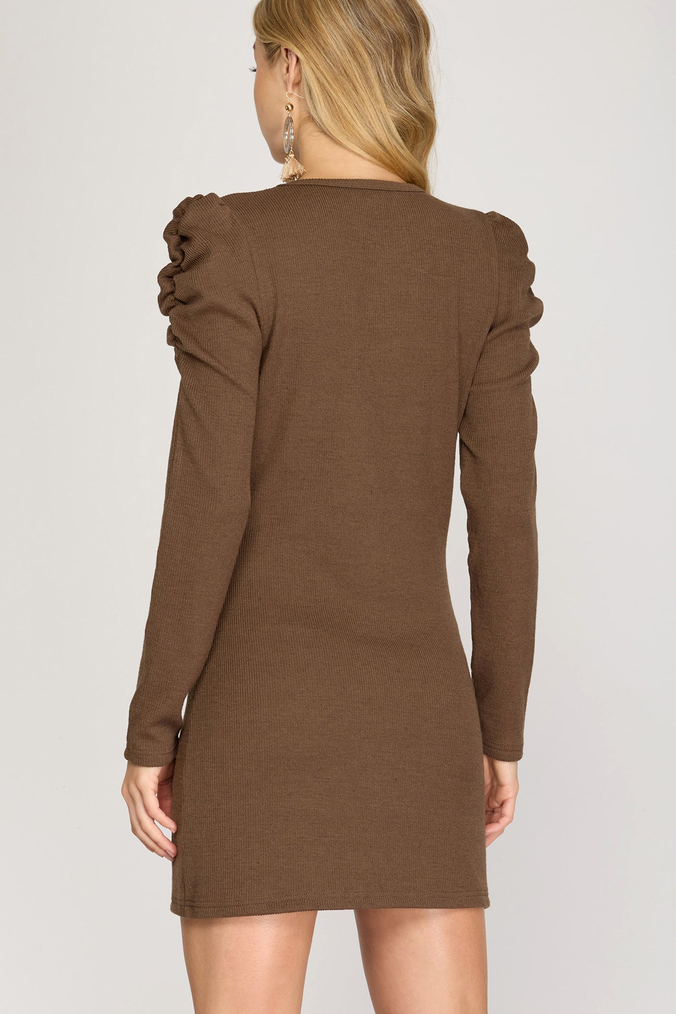 LONG SHIRRED PUFF SLEEVE RIBBED KNIT MINI DRESS