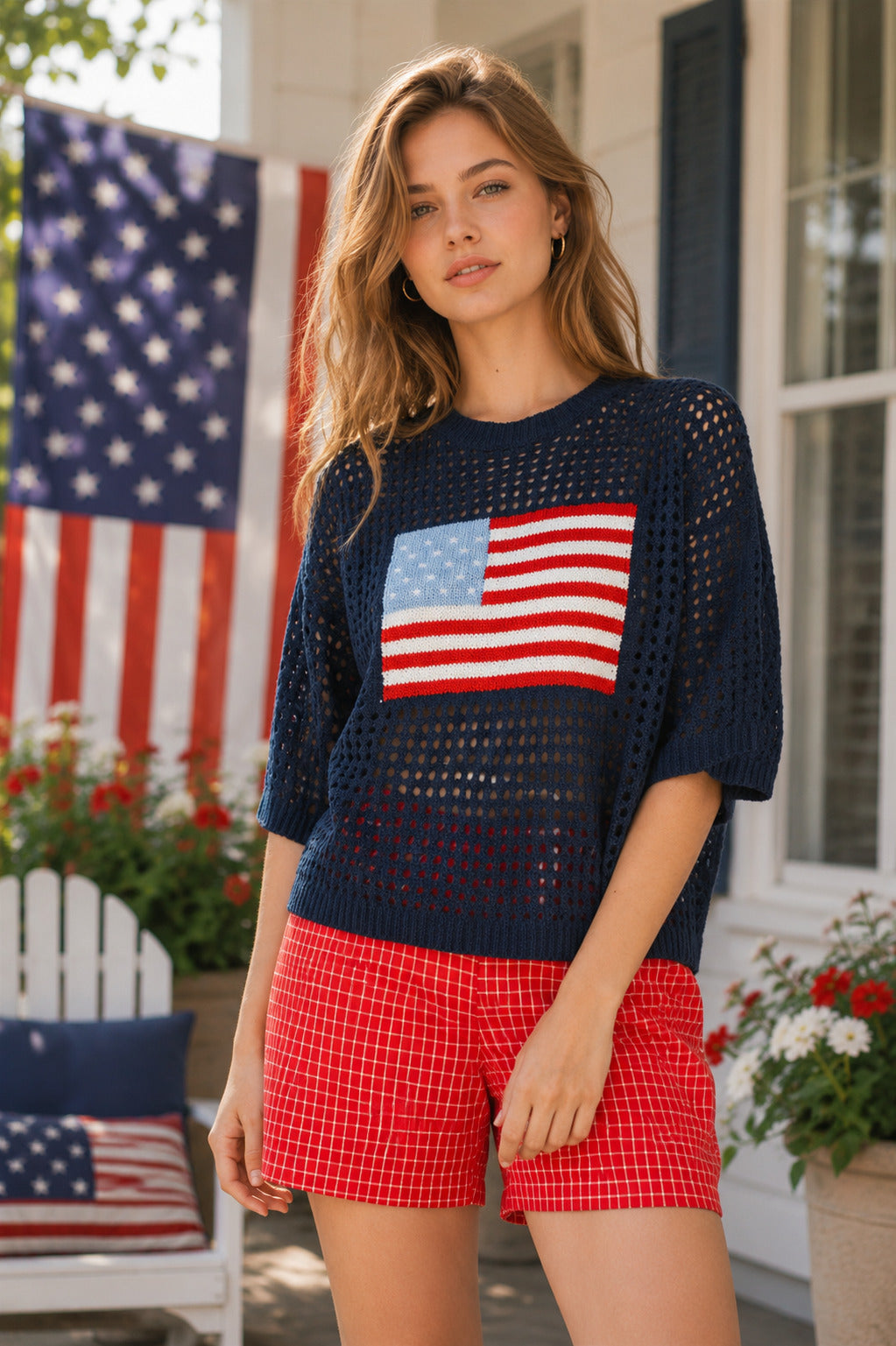 AMERICAN FLAG OPEN KNIT CROCHET SWEATER TOP