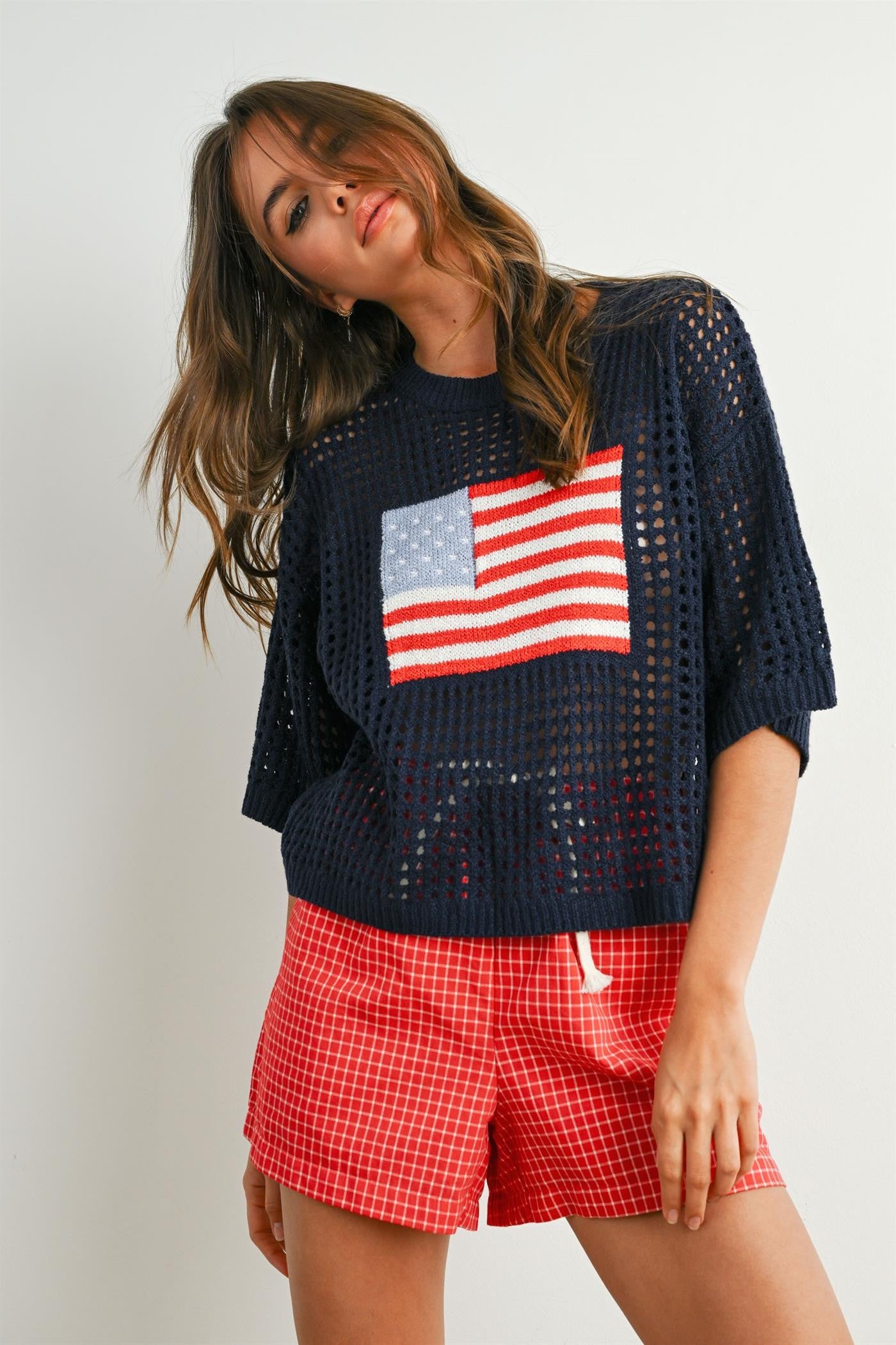 AMERICAN FLAG OPEN KNIT CROCHET SWEATER TOP
