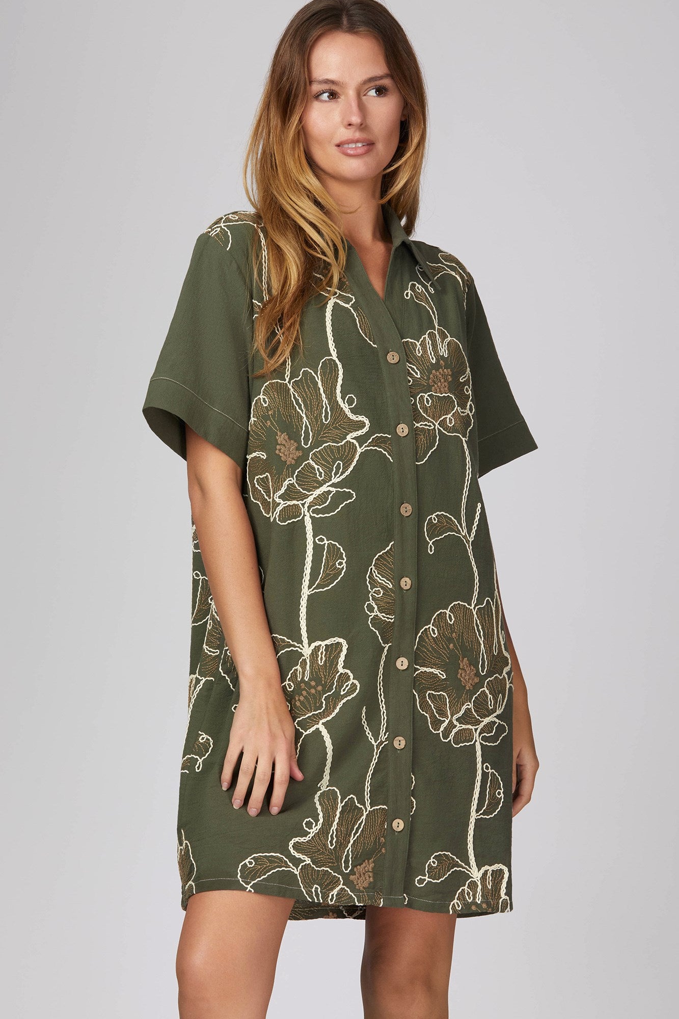 WOVEN EMBROIDERED COLLARED BUTTON DOWN MINI DRESS
