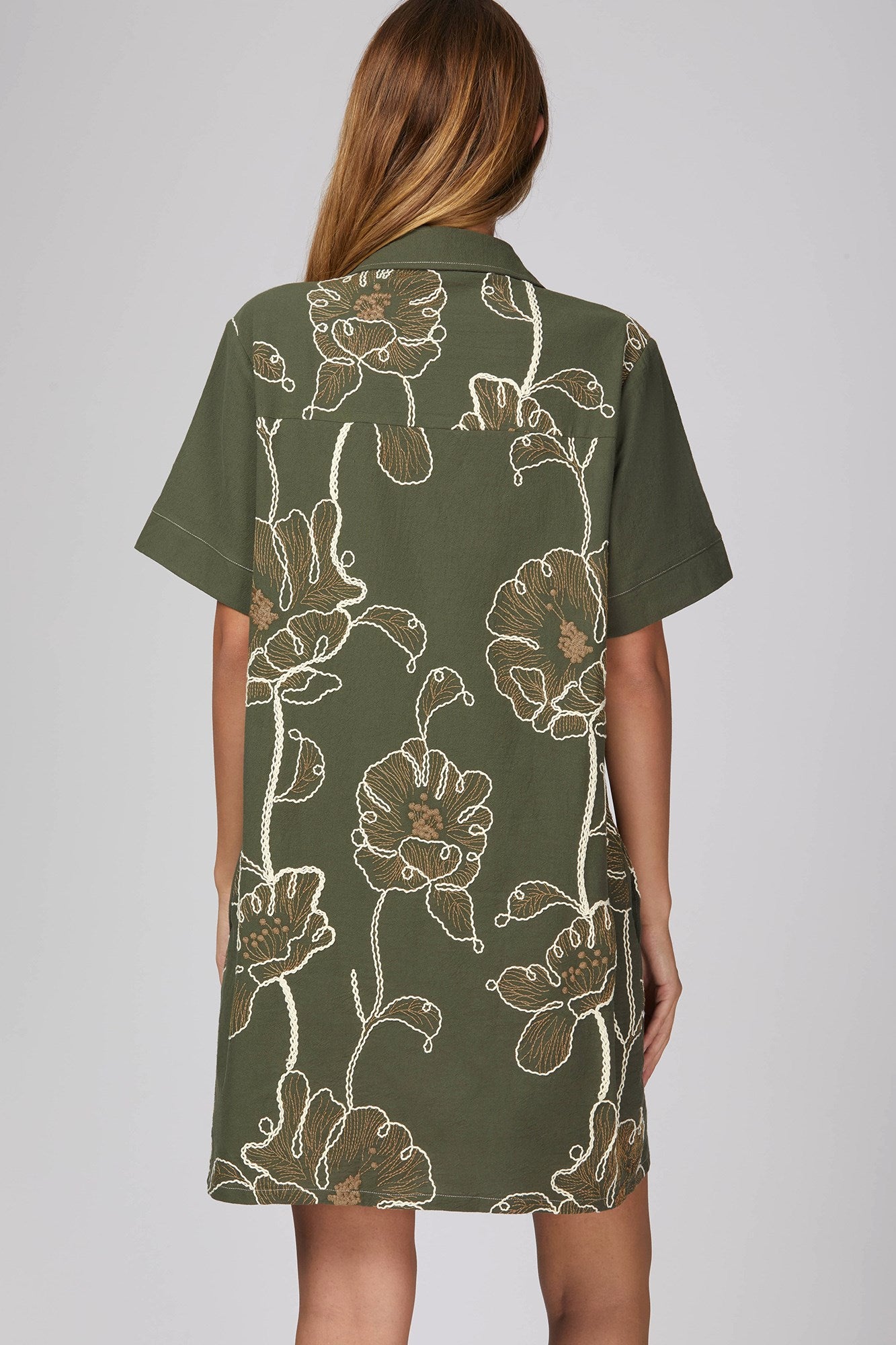 WOVEN EMBROIDERED COLLARED BUTTON DOWN MINI DRESS