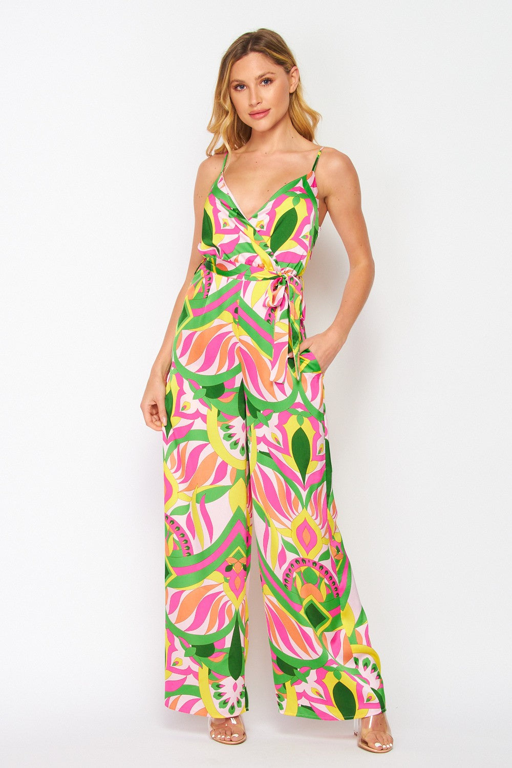PRINTED WOVEN JUMPSUIT WITH POCKETS AND ADJUSTABLE STRAP