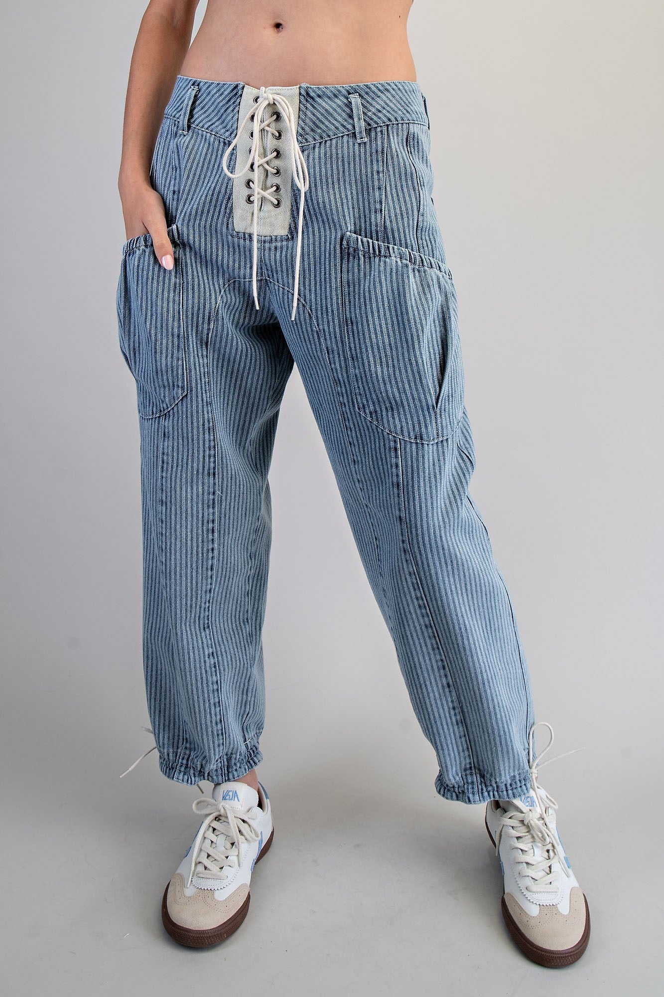 MINERAL WASHED STRIPED LACE UP PANTS