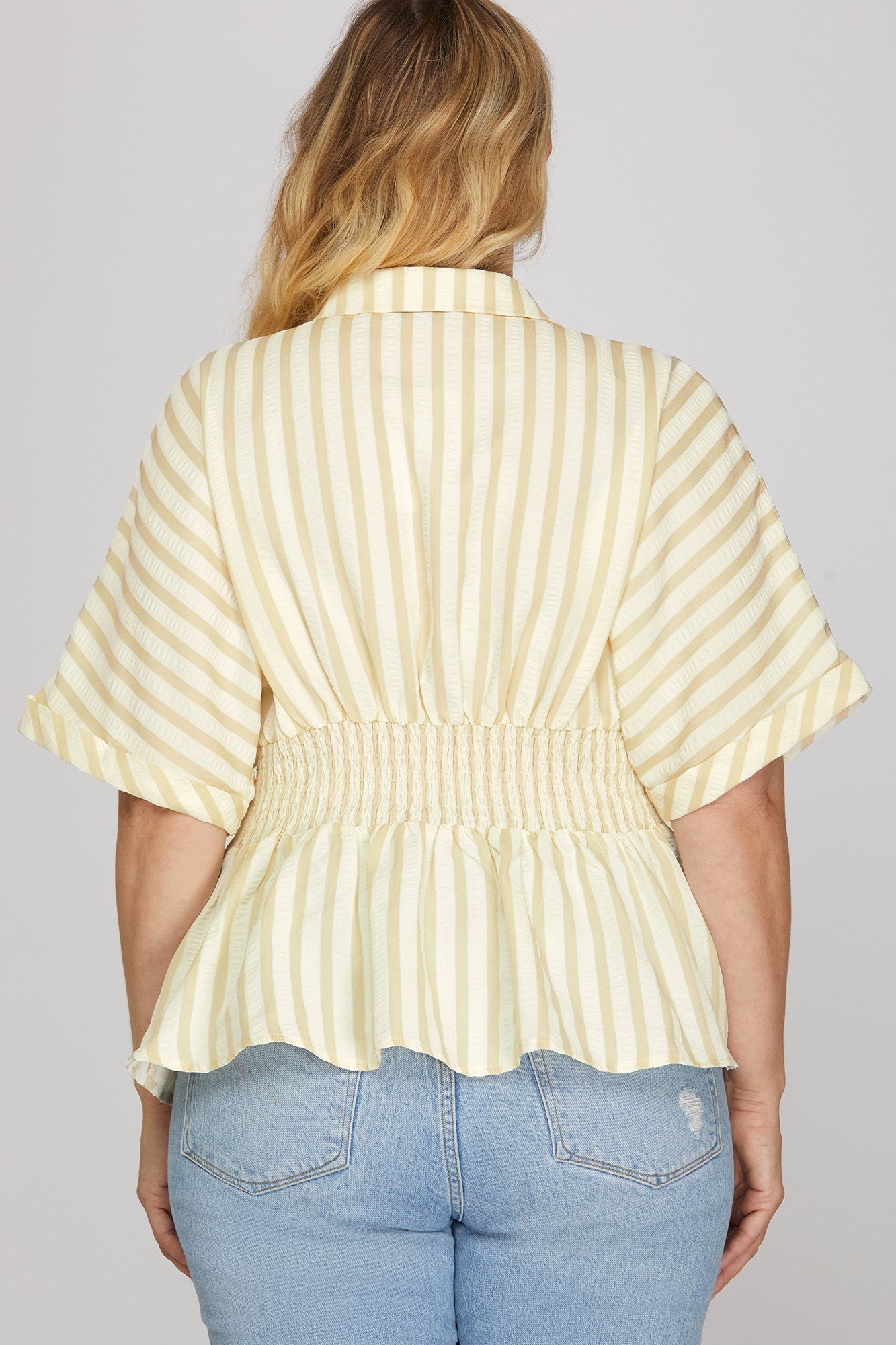 PLUS - WAIST PINTUCK WOVEN STRIPE SHIRT TOP