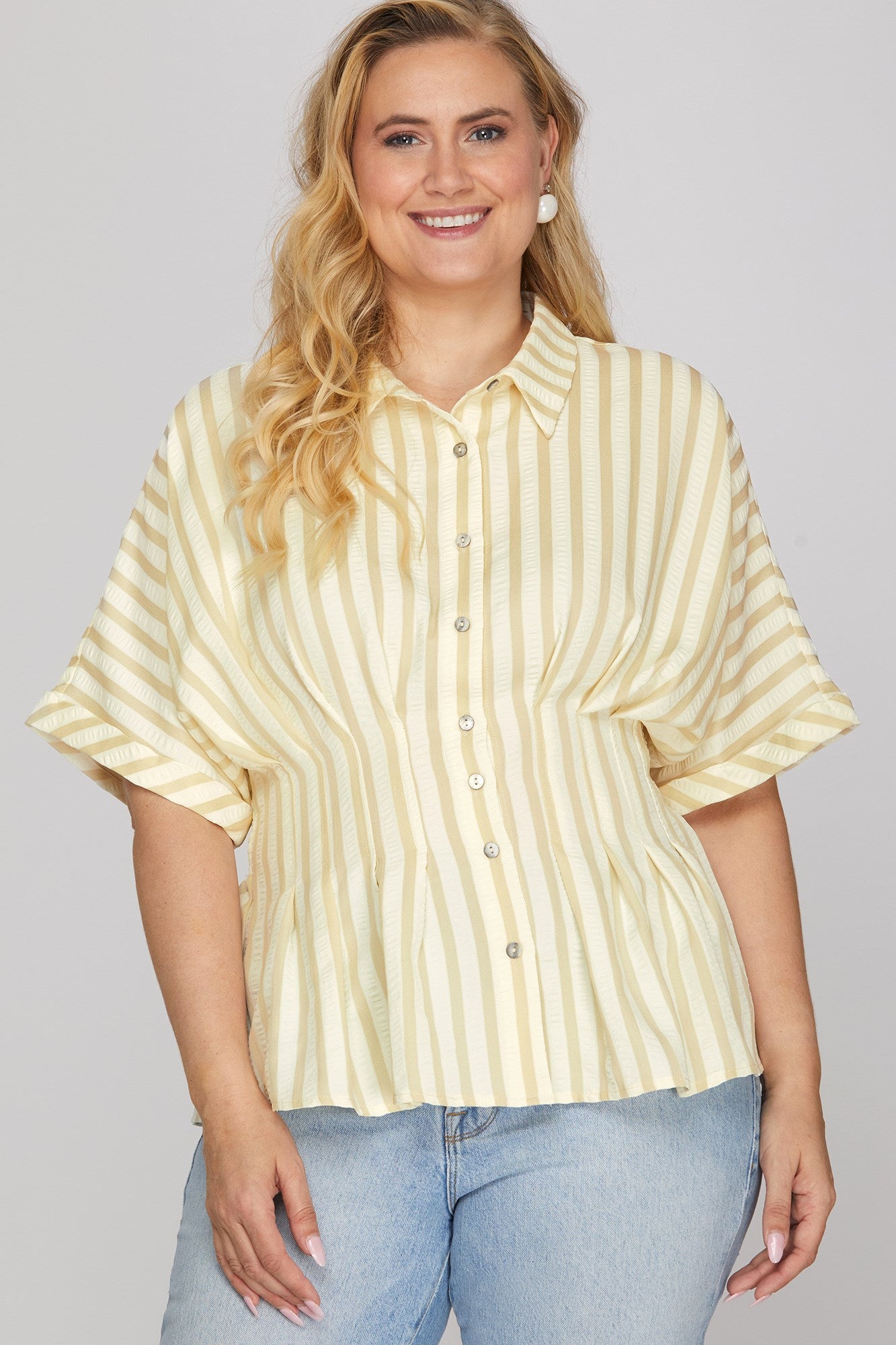 PLUS - WAIST PINTUCK WOVEN STRIPE SHIRT TOP
