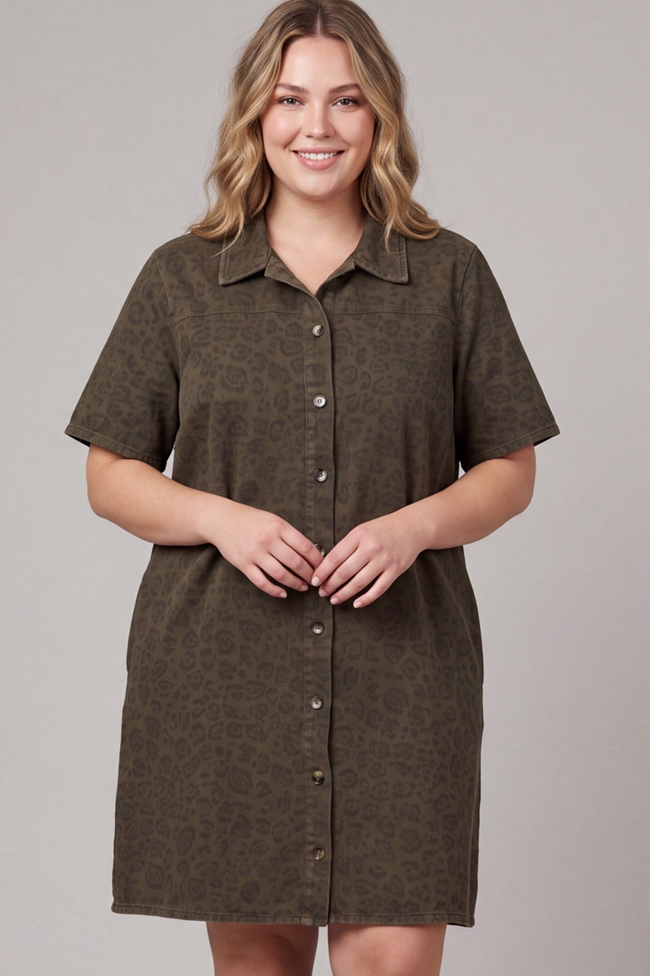 PLUS - WASHED ANIMAL PRINT COLLARED BUTTON DOWN DRESS