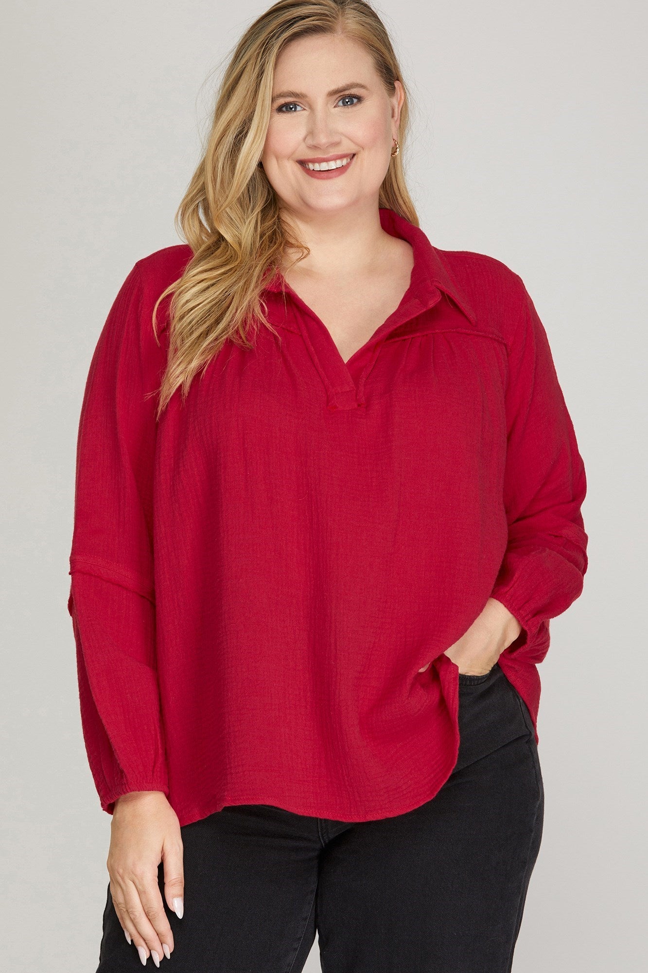PLUS SEAM DETAIL V NECK COTTON TOP
