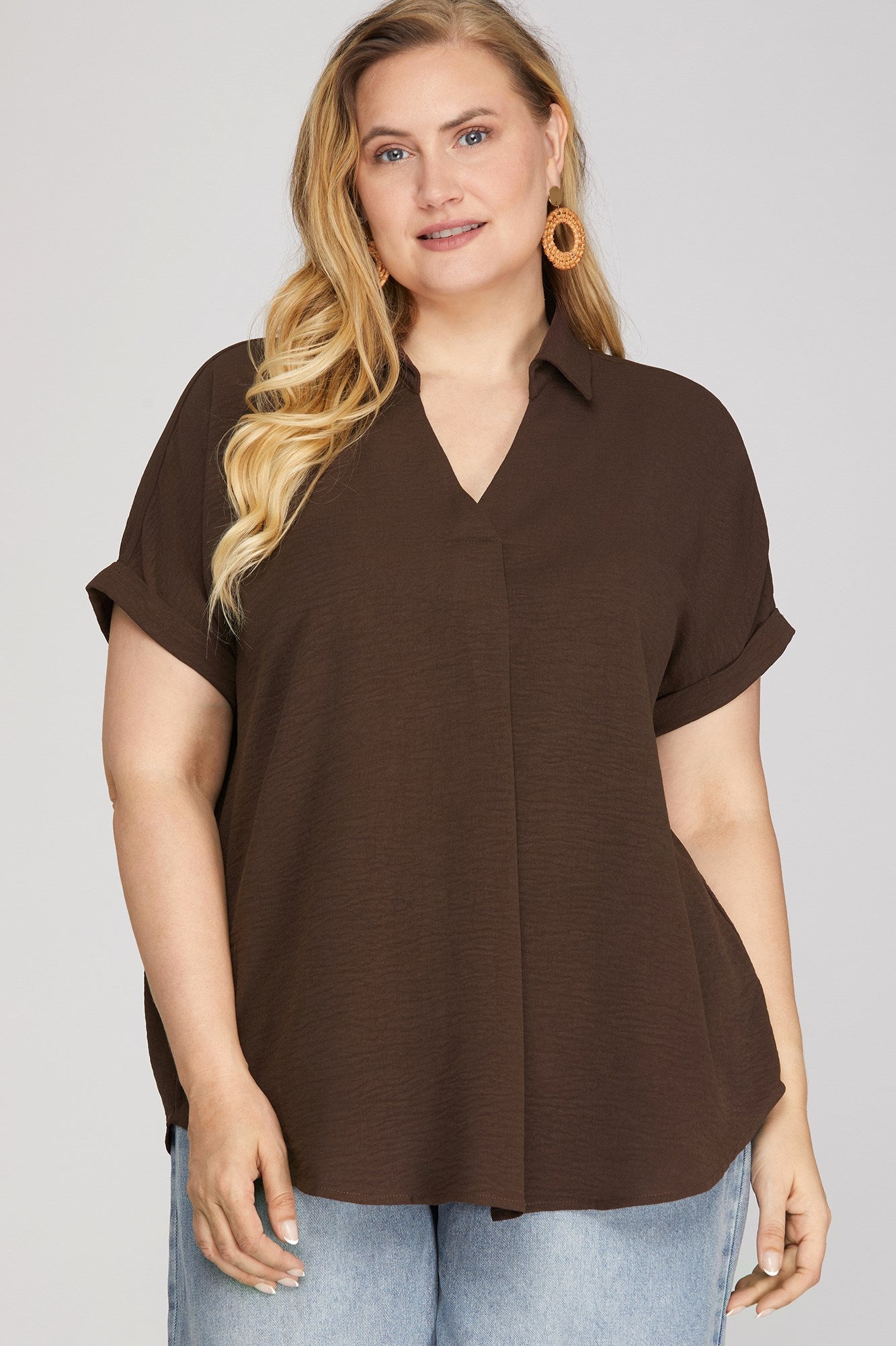 PLUS - COLLARED WOVEN SOLID TOP