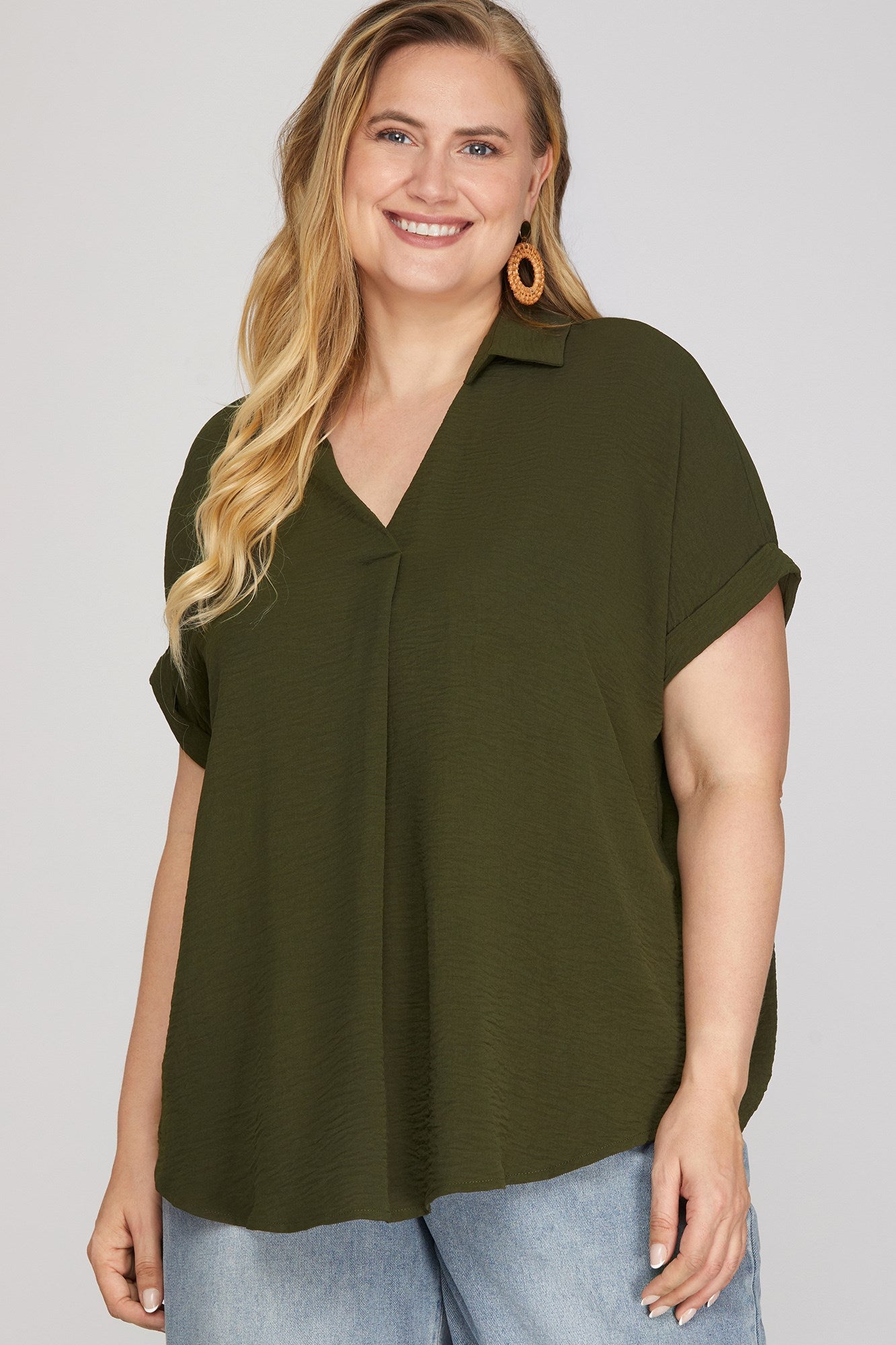 PLUS - COLLARED WOVEN SOLID TOP