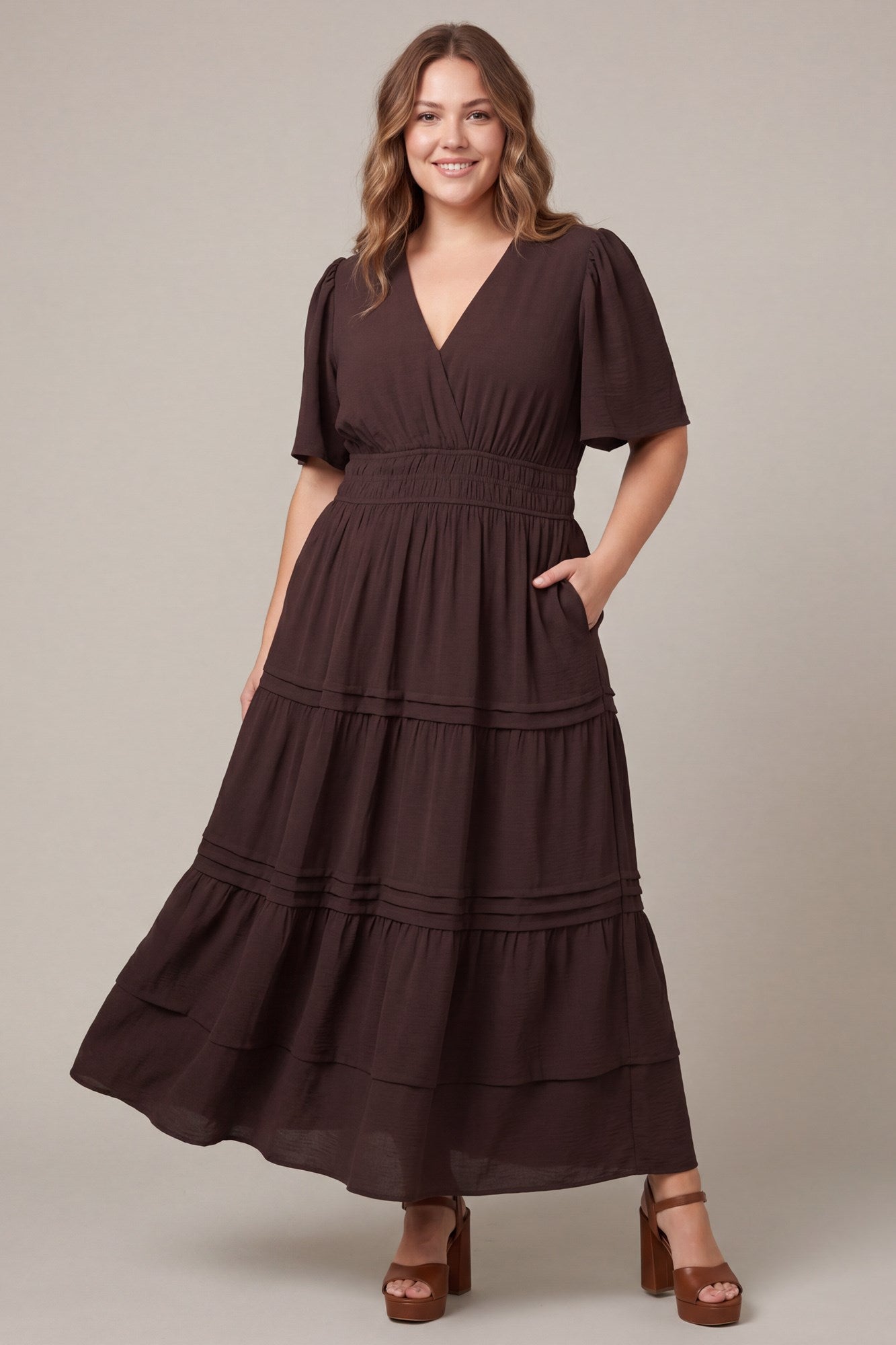 PLUS - SURPLICE PINTUCK TIERED WOVEN MAXI DRESS