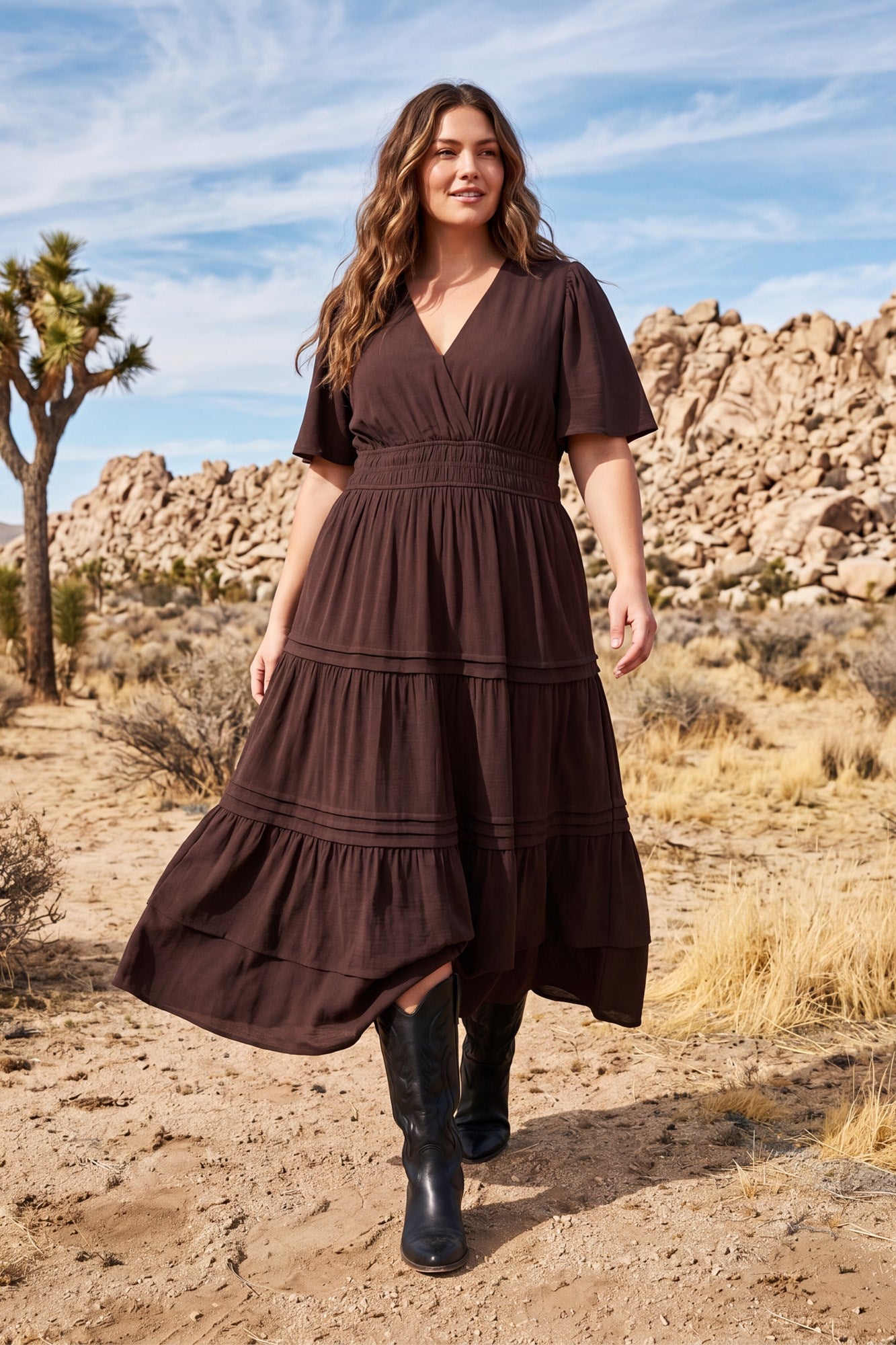 PLUS - SURPLICE PINTUCK TIERED WOVEN MAXI DRESS