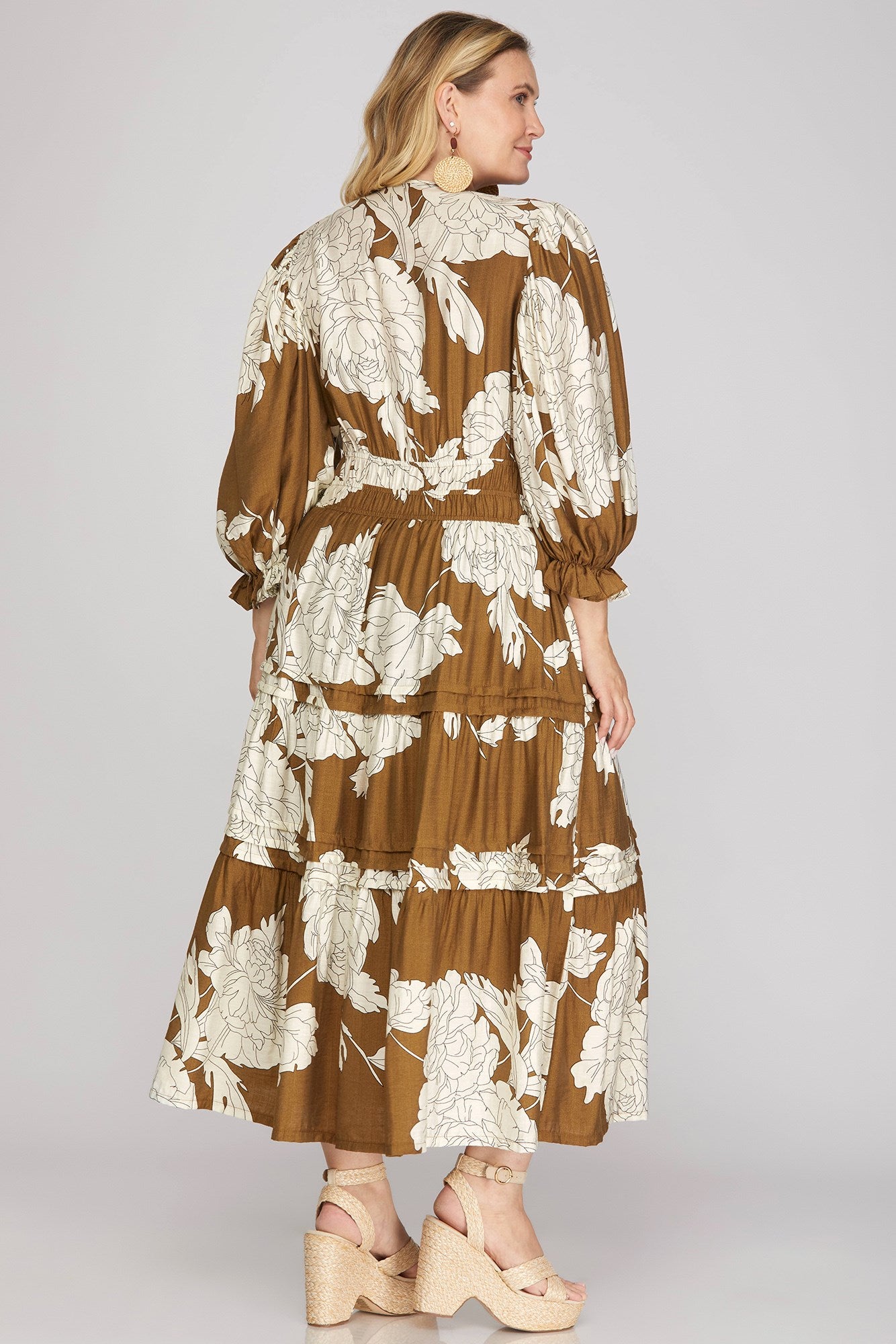 PLUS - PINTUCK TIERED FLORAL PRINT MIDI DRESS