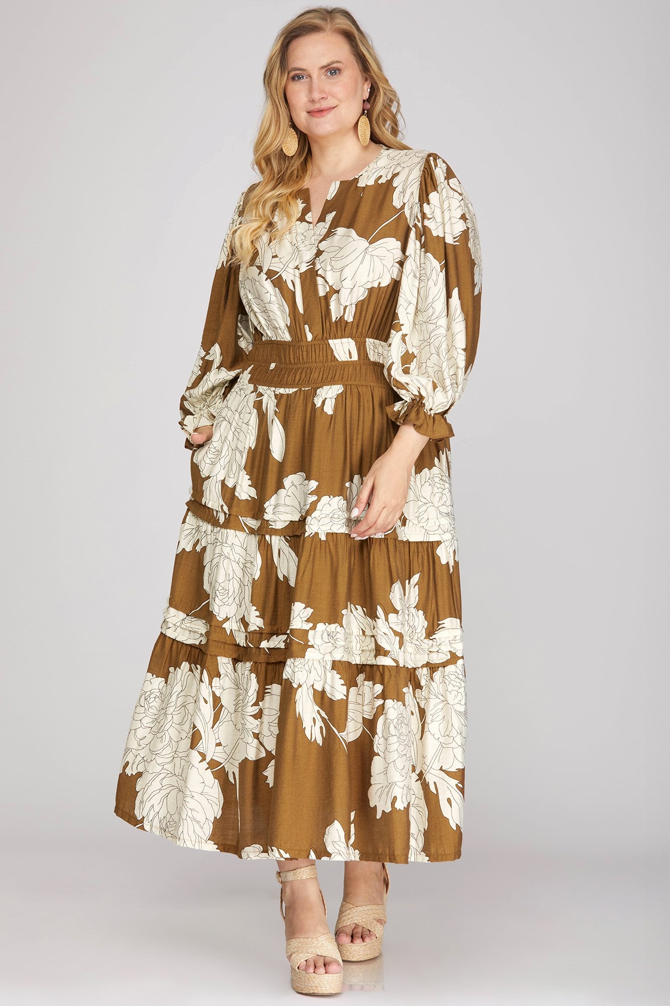 PLUS - PINTUCK TIERED FLORAL PRINT MIDI DRESS