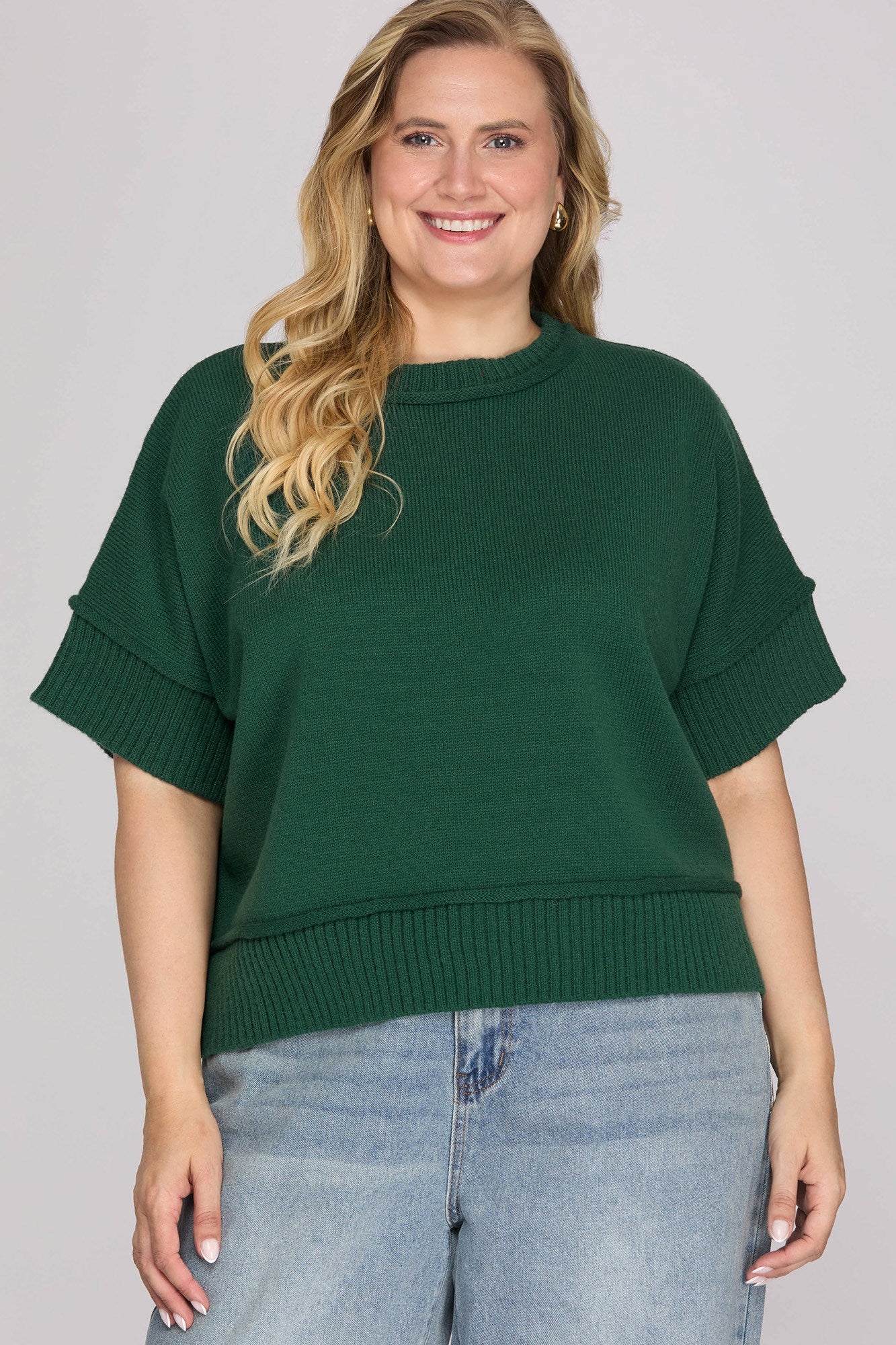 PLUS - DROP HALF SLEEVE CREW NECK SWEATER
