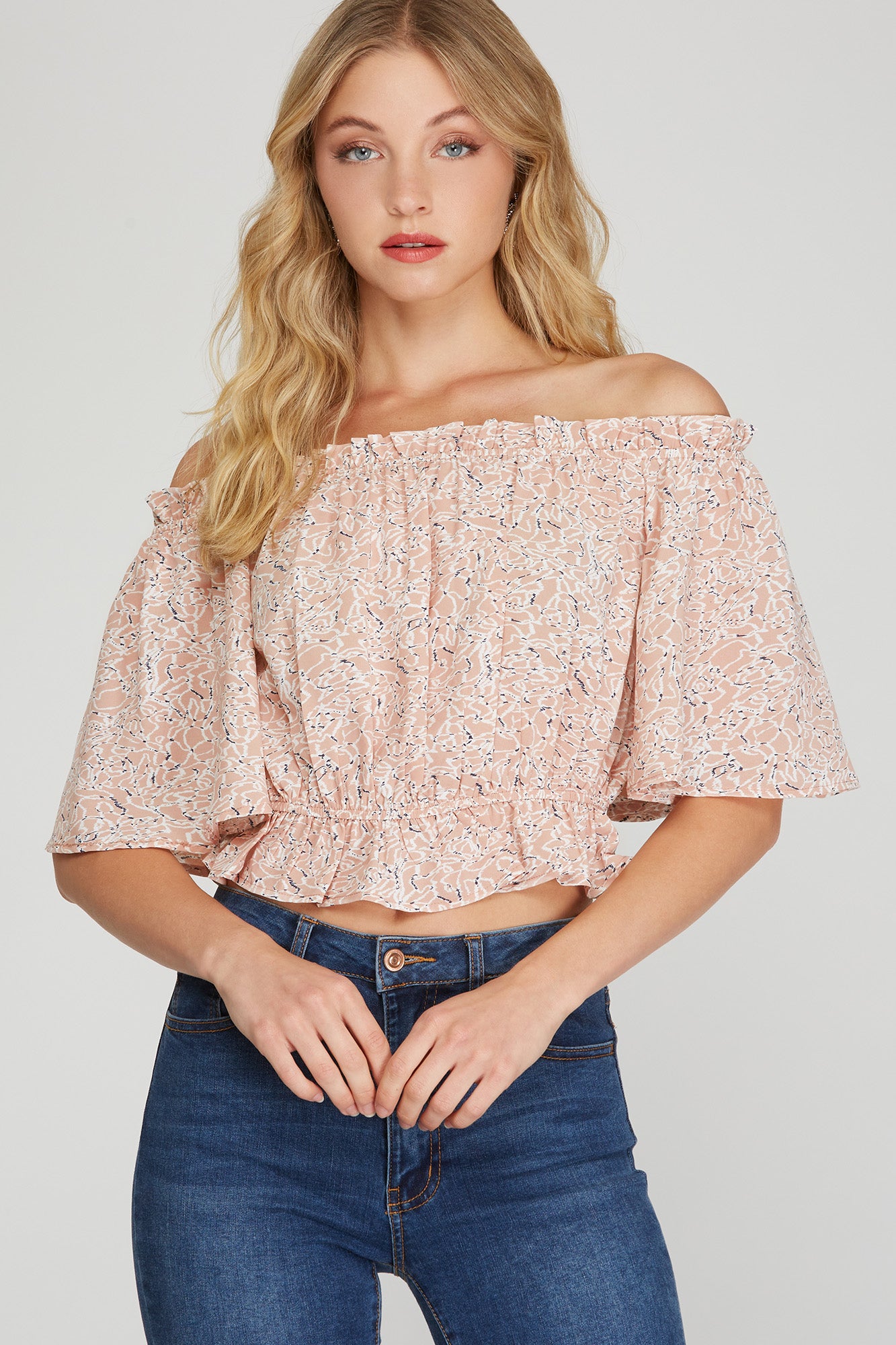 PRINT OFF THE SHOULDER CROP TOP