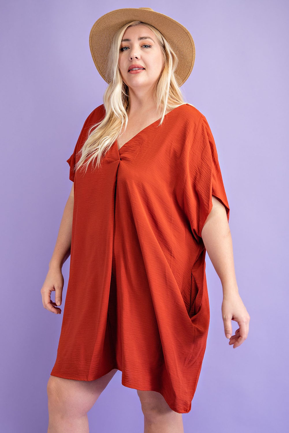 PLUS - SOLID V NECK MINI DRESS