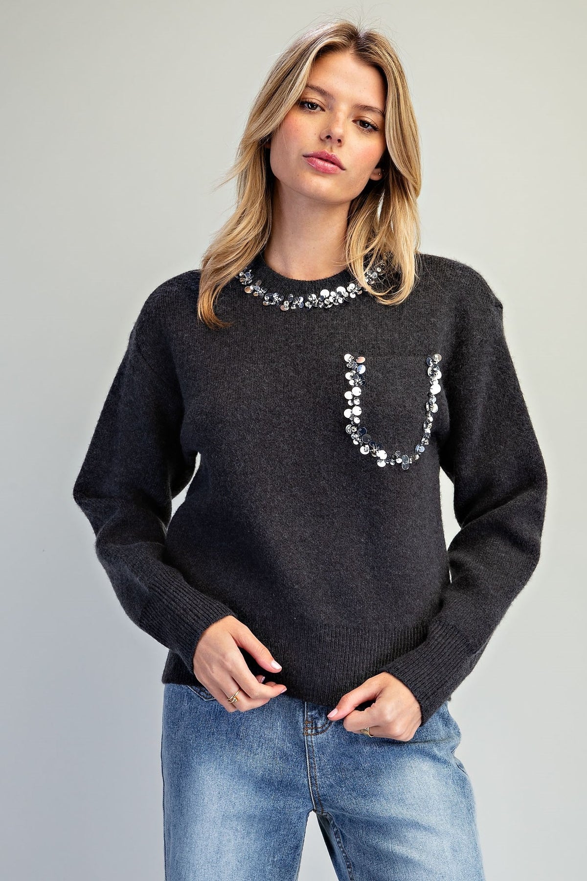 SEQUIN TRIM COZY KNIT SWEATER