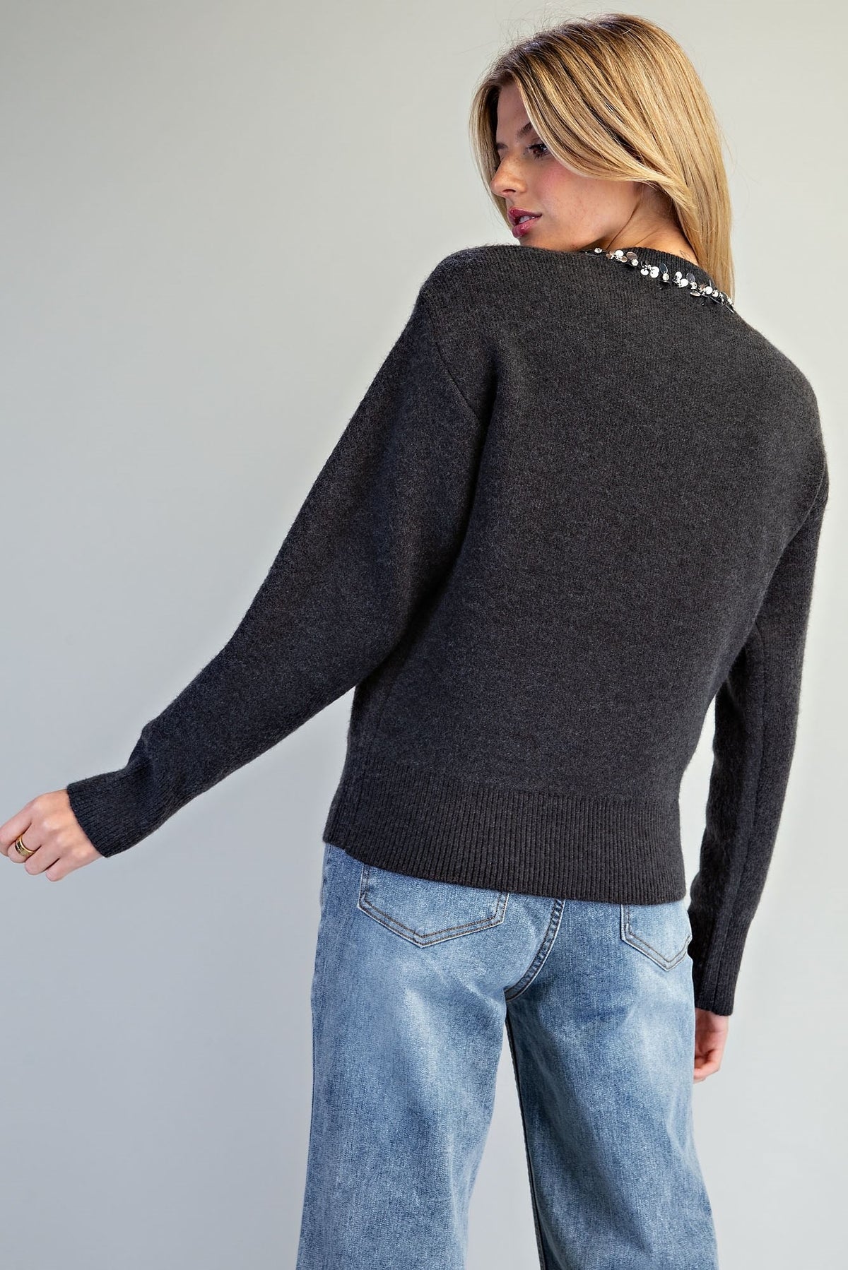 SEQUIN TRIM COZY KNIT SWEATER