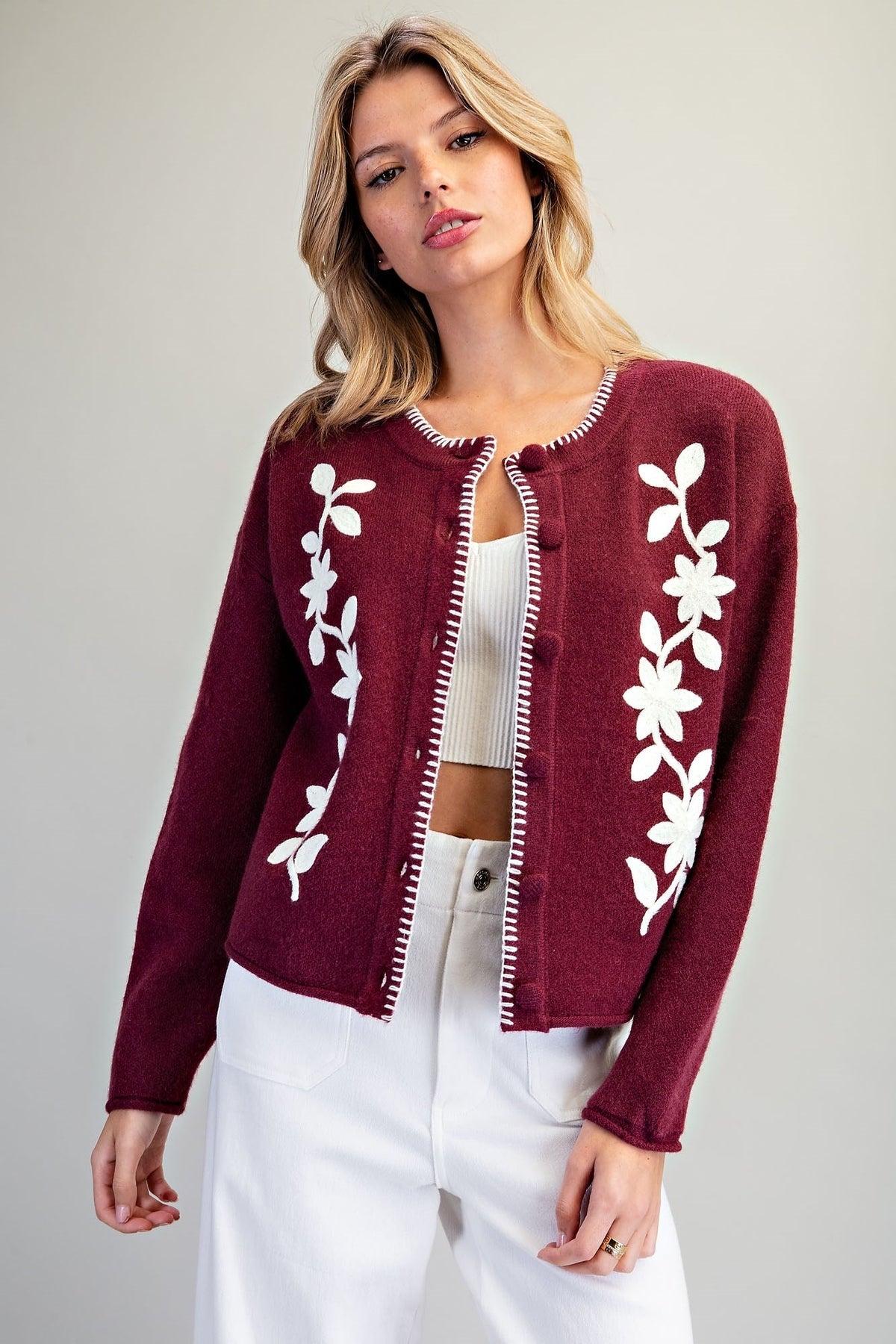 FLORAL EMBROIDERED WHIPSTITCH CARDIGAN