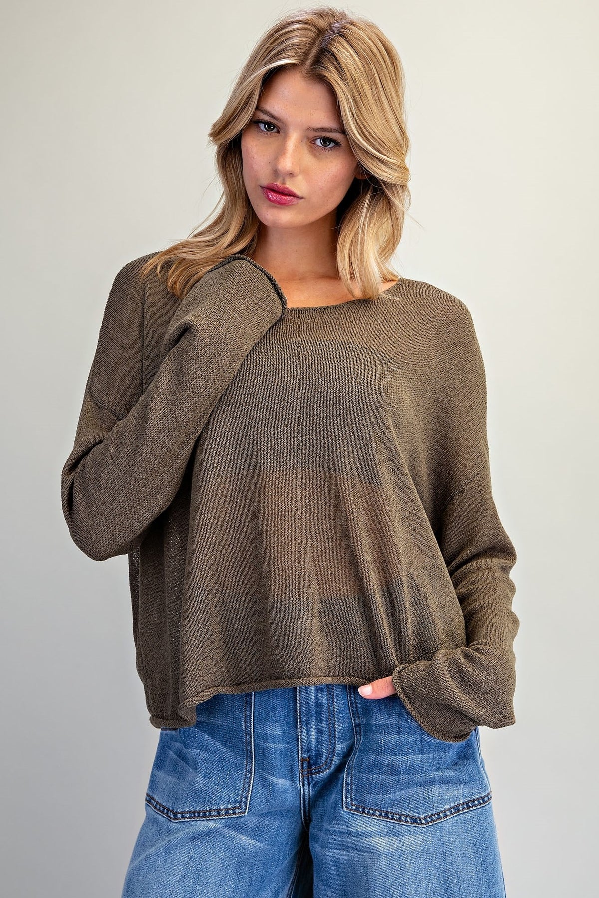 DROP SHOULDER DOLMAN SLEEVE KNIT TOP