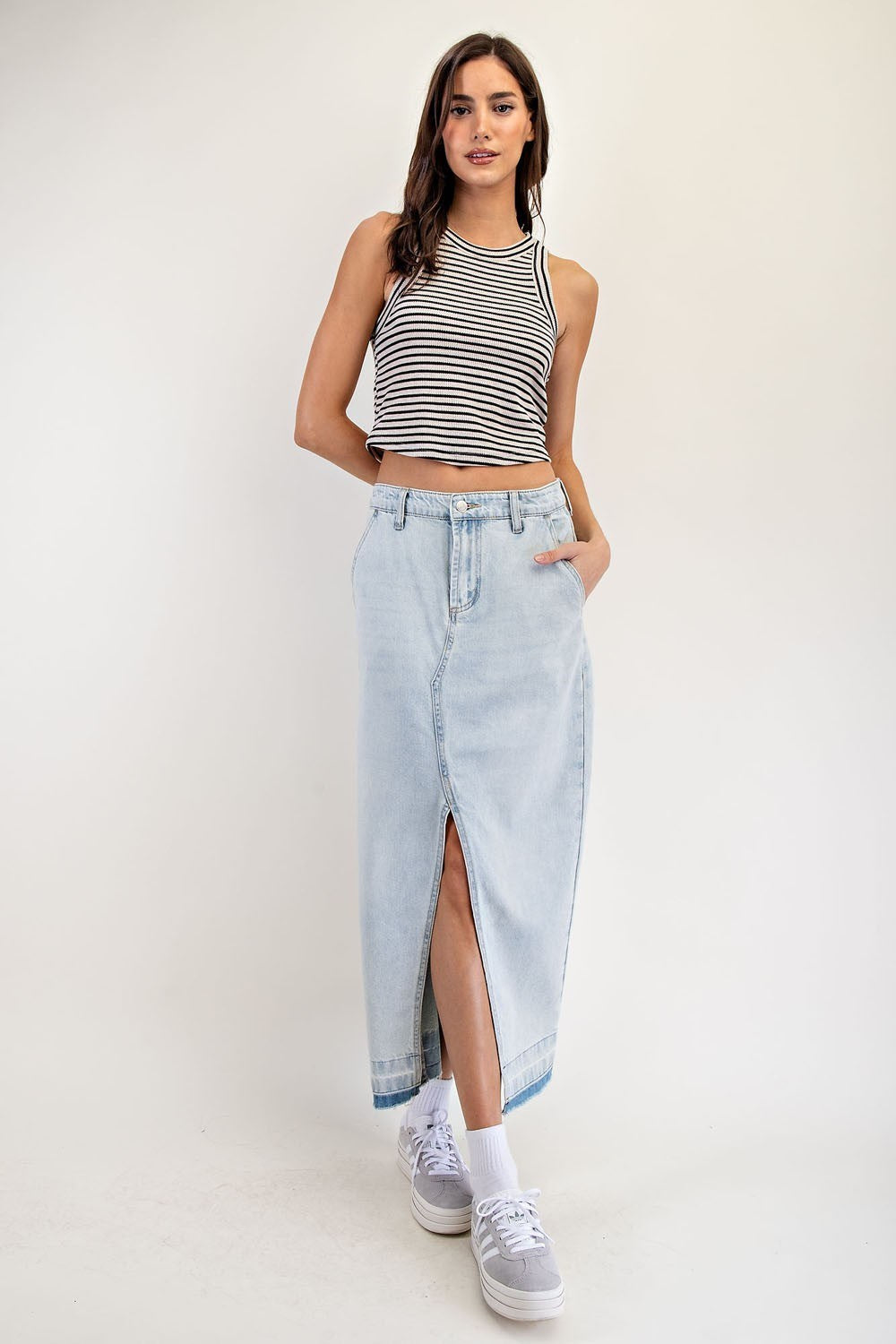 CONTRAST EDGE DENIM MIDI SKIRT