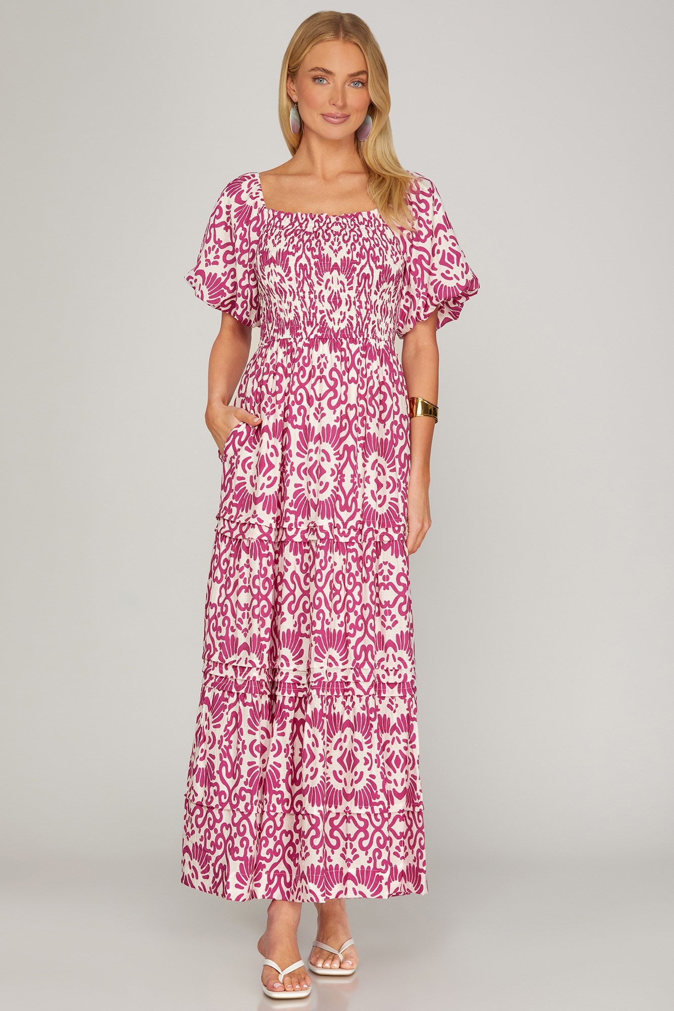PUFF SLEEVE SMOCKING WOVEN PRINT MAXI DRESS