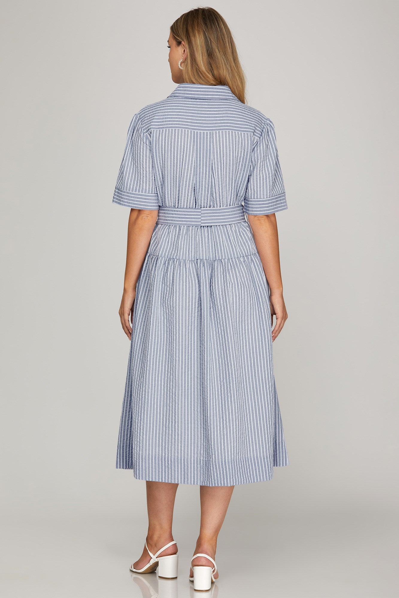 BUTTON DOWN STRIPED MIDI DRESS