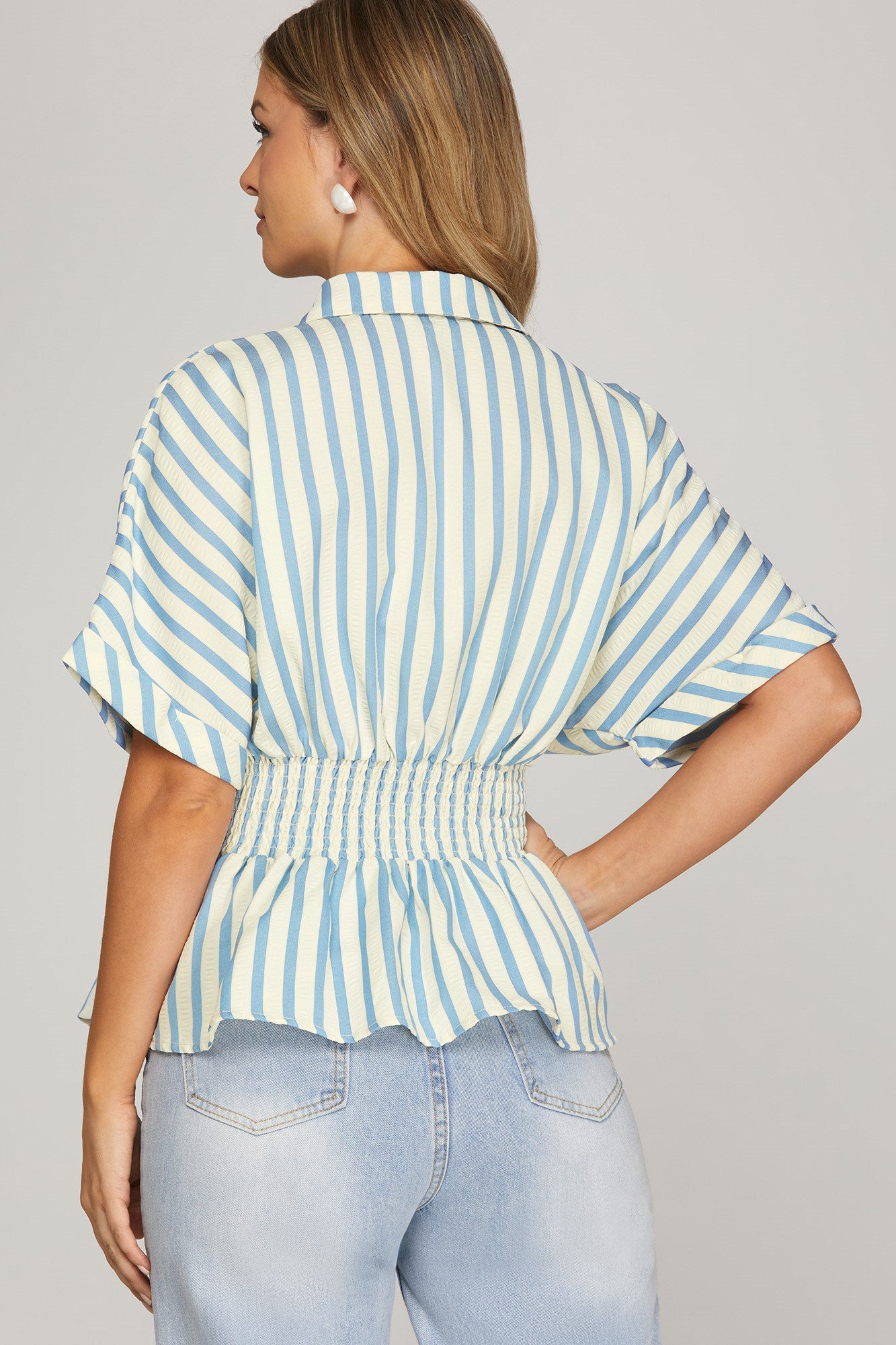 WAIST PINTUCK WOVEN STRIPE SHIRT TOP