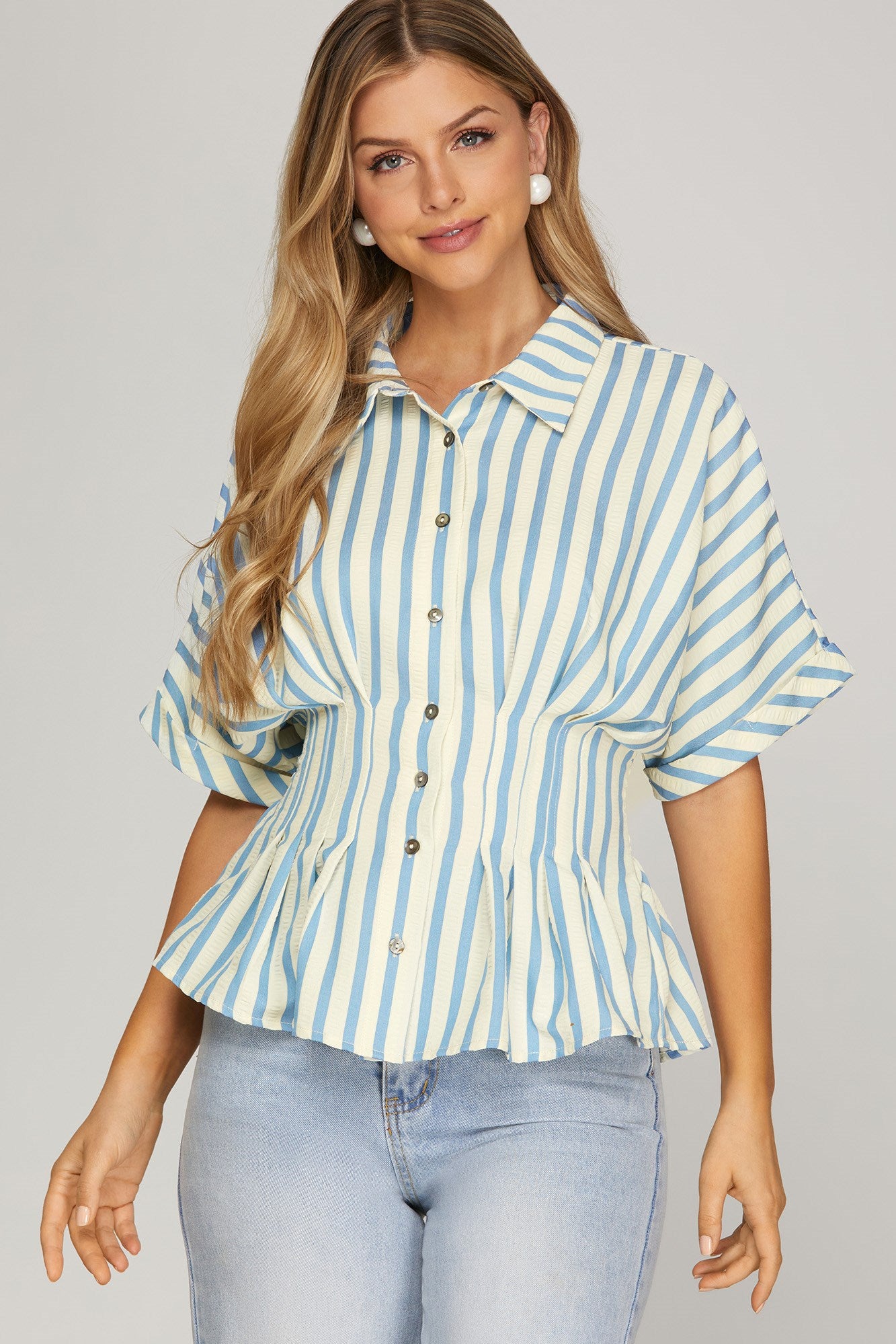 WAIST PINTUCK WOVEN STRIPE SHIRT TOP