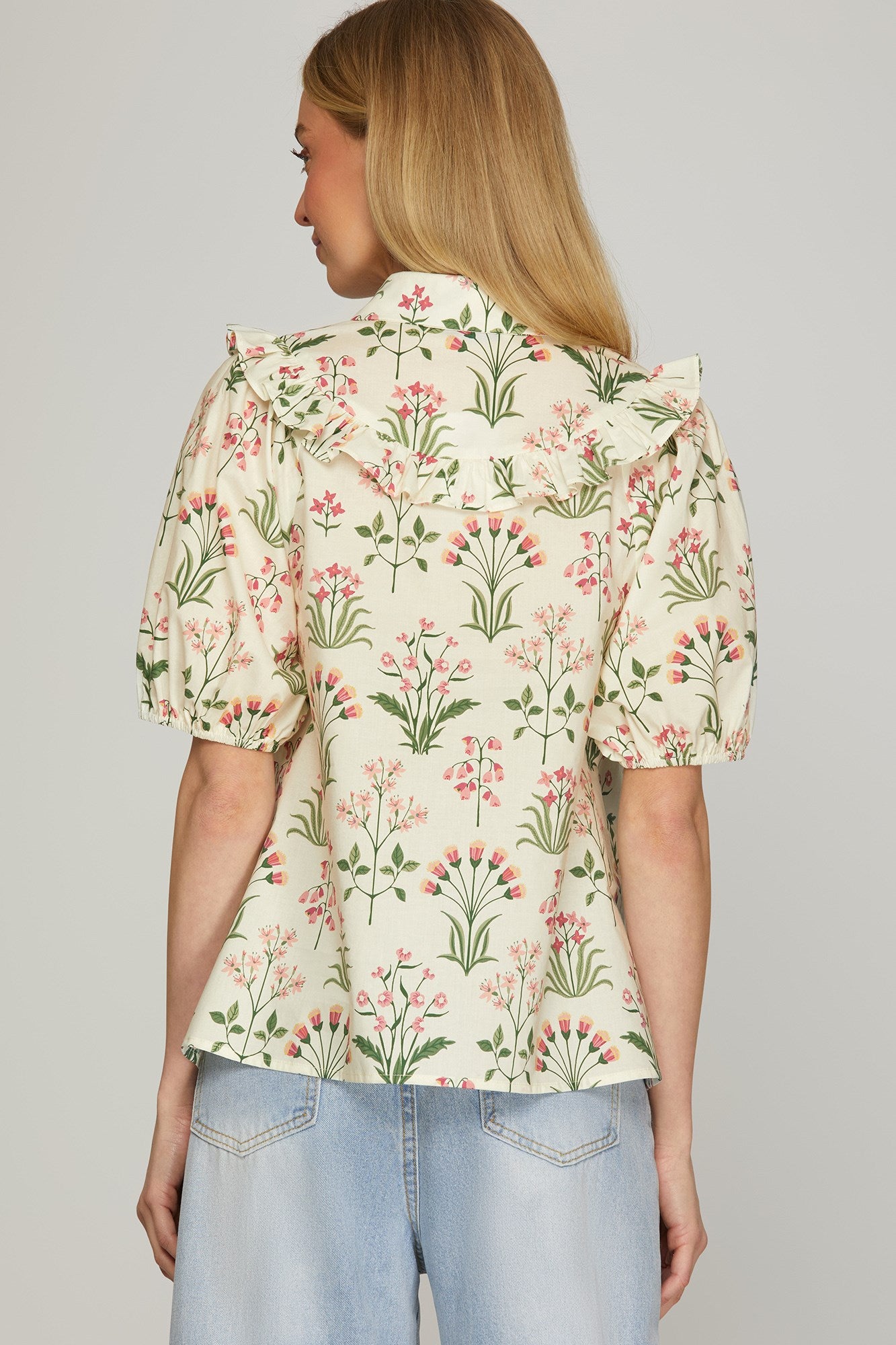 WOVEN FLORAL PRINT BUTTON DOWN TOP