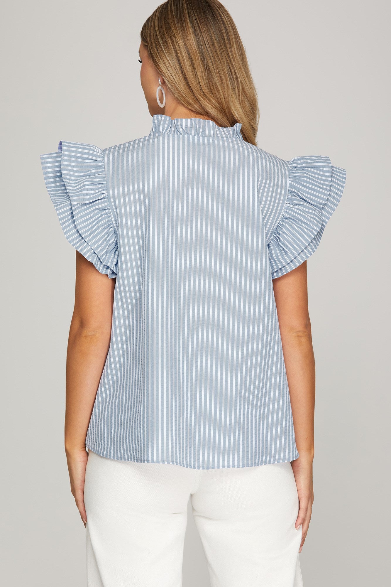 RUFFLED SLEEVE WOVEN STRIPED TOP