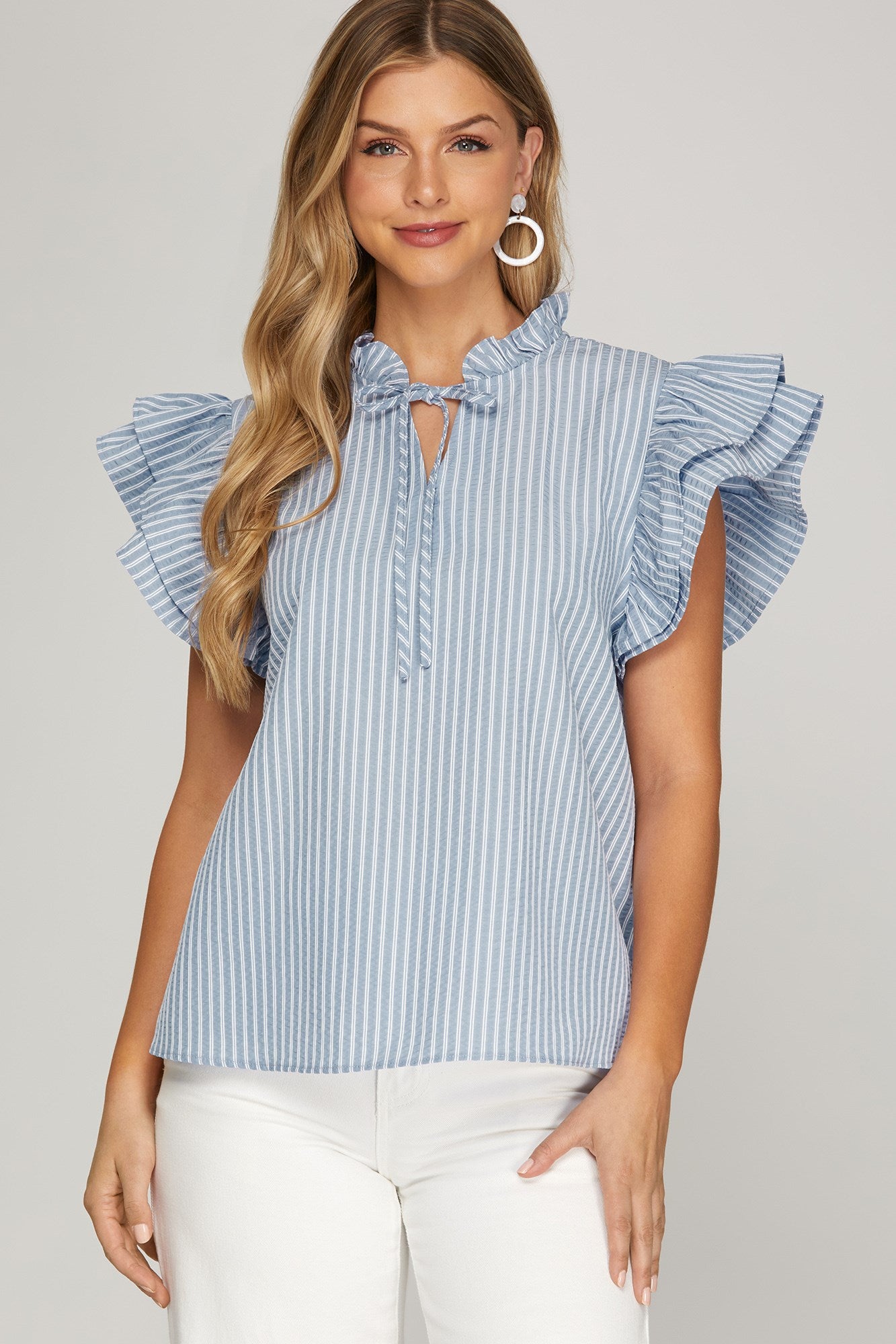 RUFFLED SLEEVE WOVEN STRIPED TOP