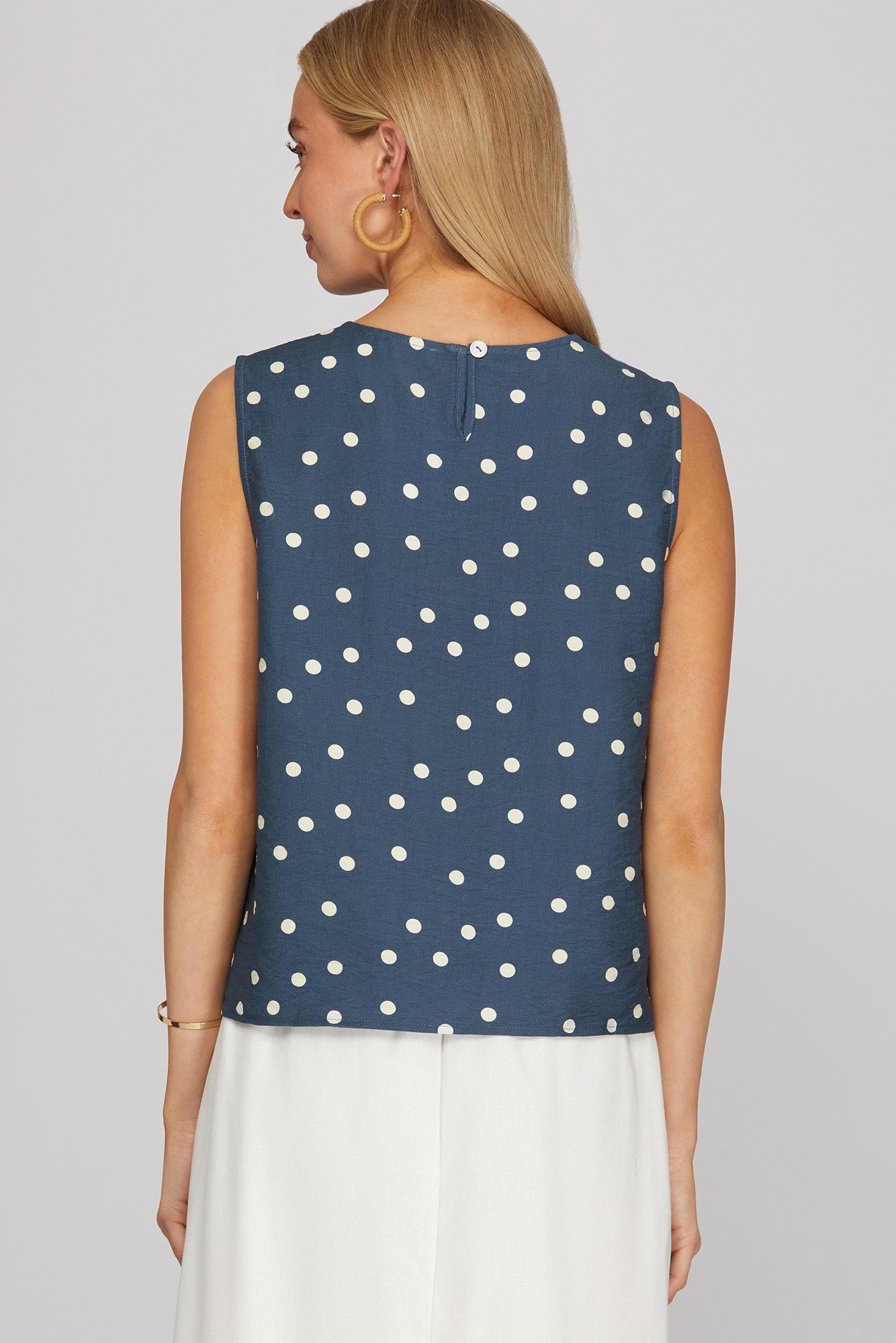 SLEEVELESS WOVEN POLKA DOT PRINT TOP
