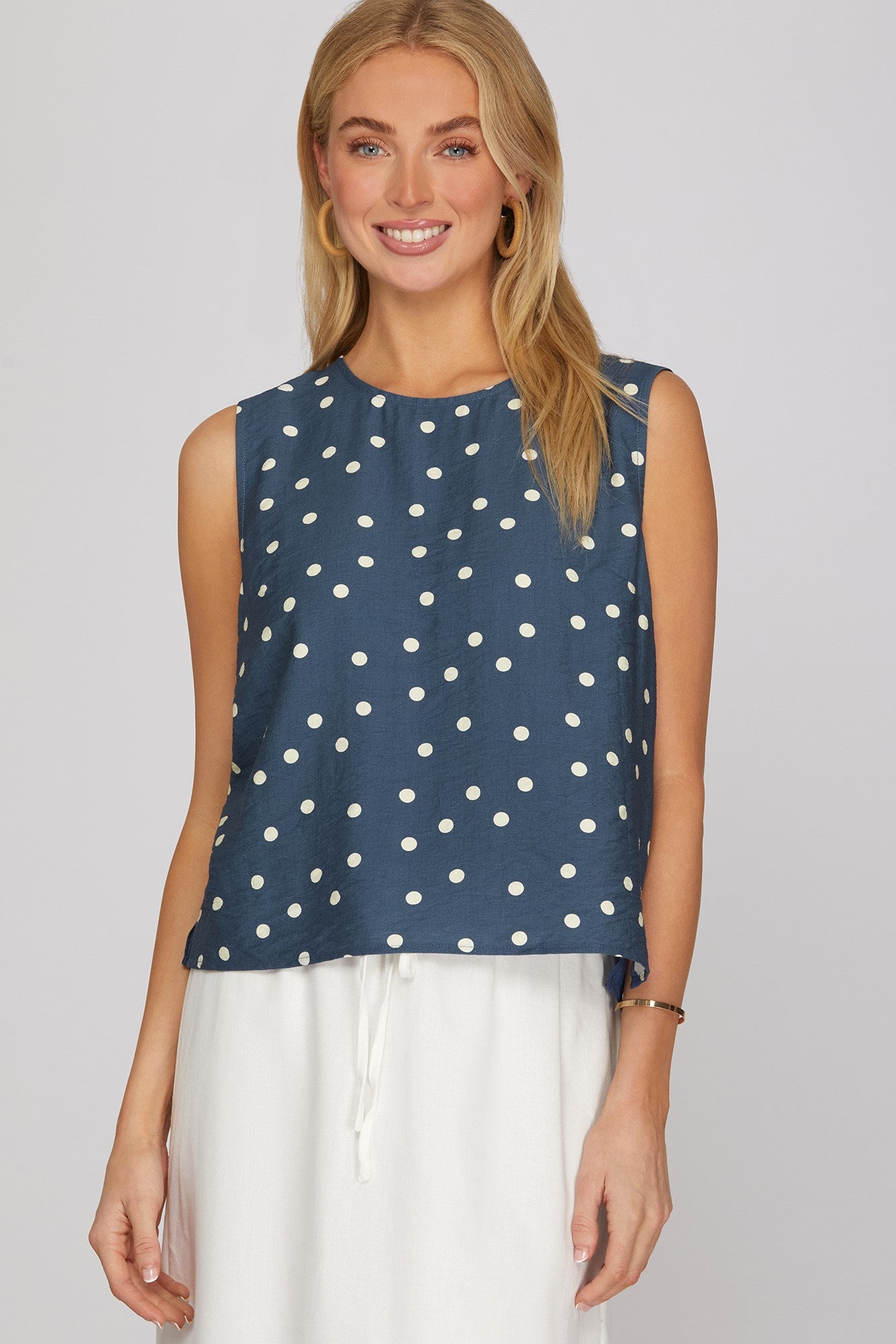 SLEEVELESS WOVEN POLKA DOT PRINT TOP